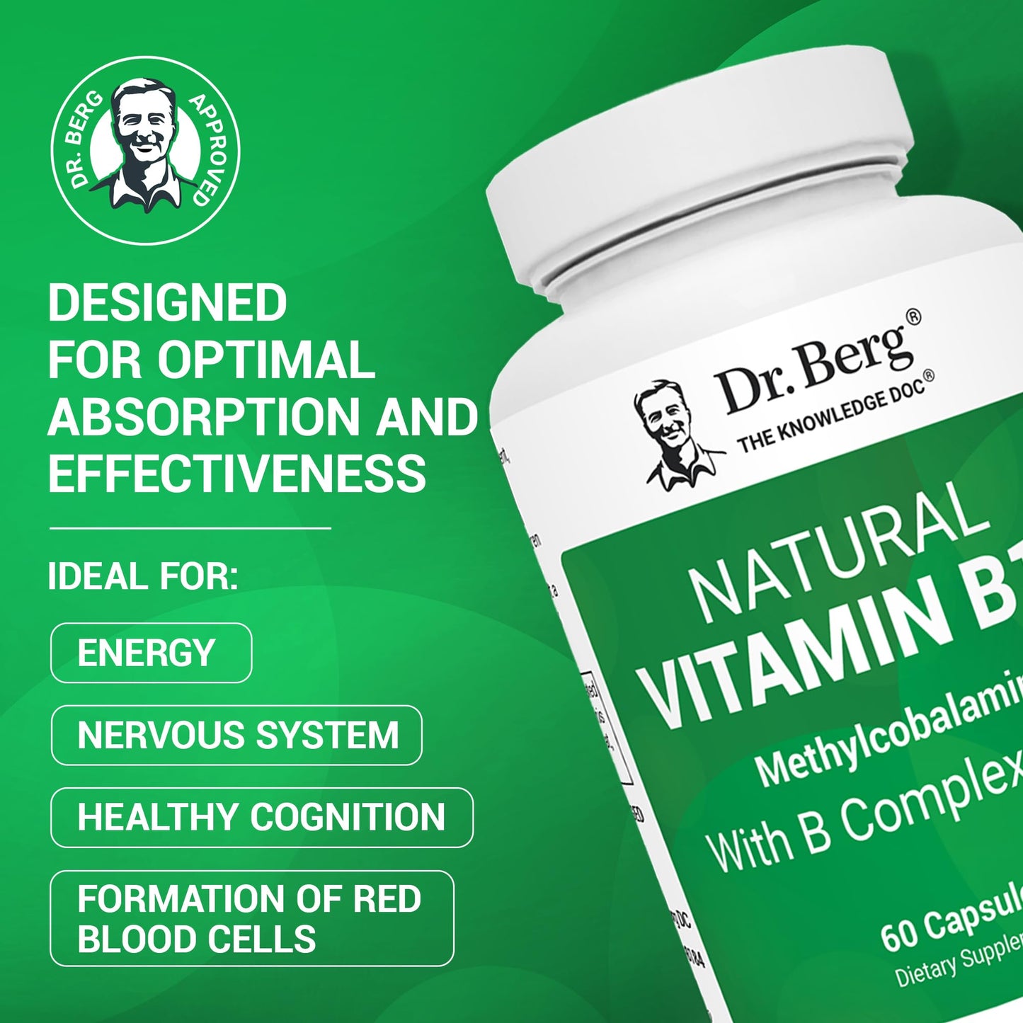 Dr. Berg Natural Vitamin B12 1000 mcg with B Complex Blend - Methylcobalamin B12 for Energy, Nerve Health, and Cognitive Function* - Methylated B12 with Folate - 60 Capsules (2-Month Supply) Dr. Berg NutritionalsBuy Supplements Australia