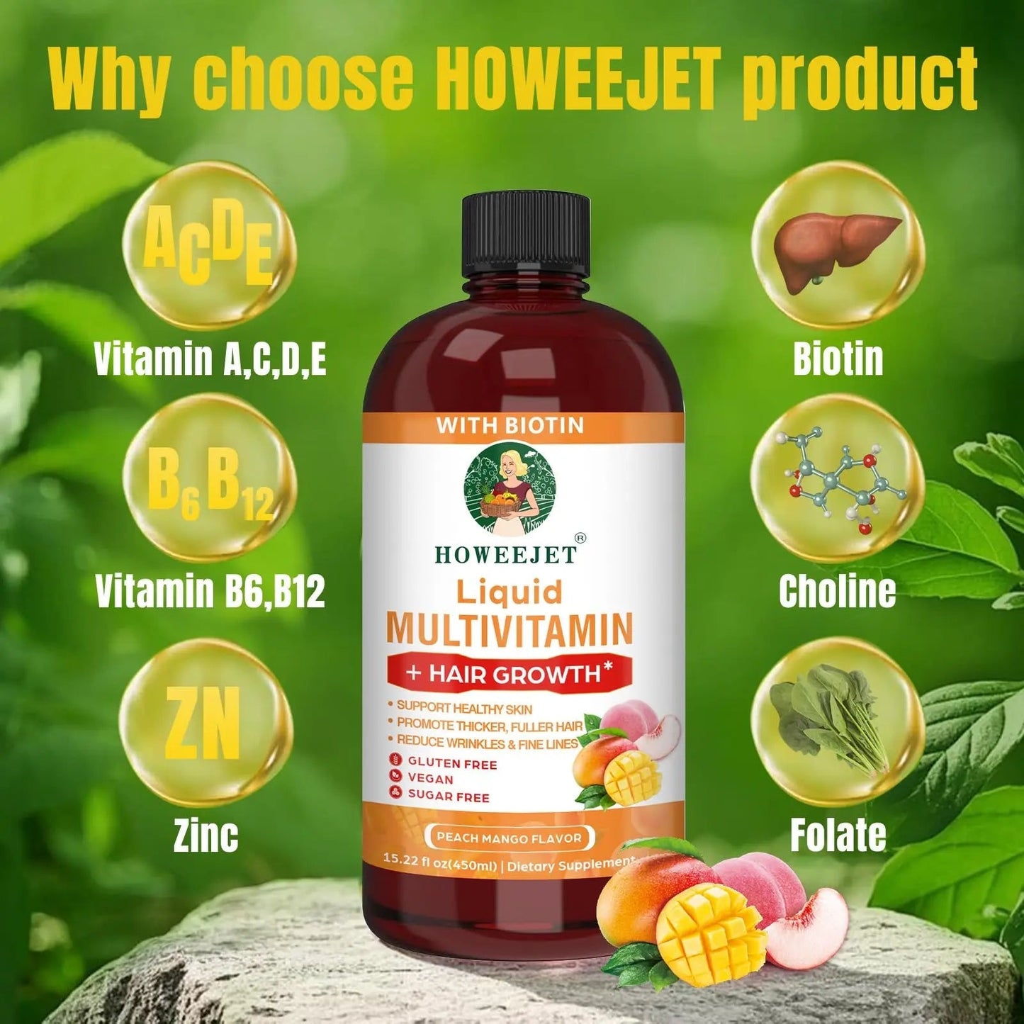 Liquid Multivitamin for Hair Growth | Biotin 10000mcg | Hair & Skin Support Supplement | Clinically Tested for Thicker Hair & Skin Elasticity HOWEEJET