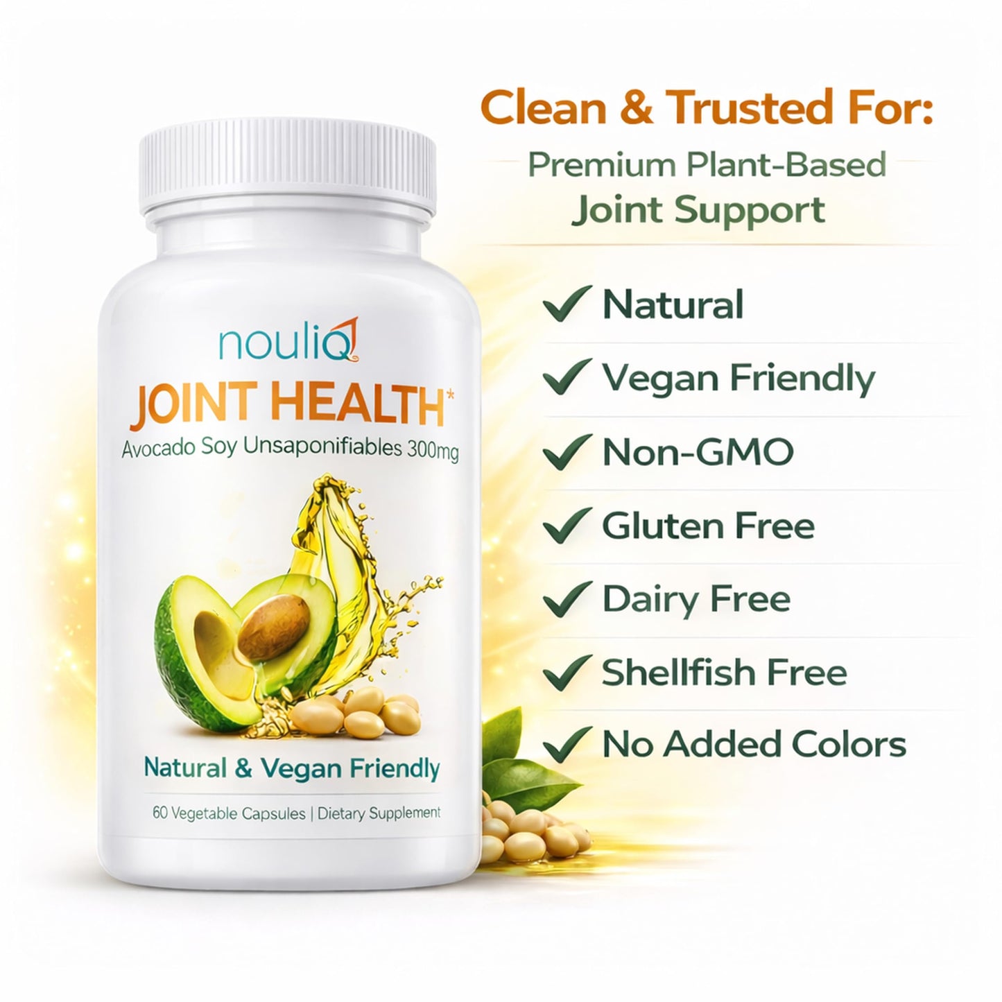 NOULIQ Natural & Vegan-Friendly Joint Health Supplement, Avocado Soy Unsaponifiables 300mg, Non-GMO, Free of Any Gluten, Artificial Colors or Flavors, Dairy and Shellfish, 60 Day Supply. NOULIQBuy Supplements Australia