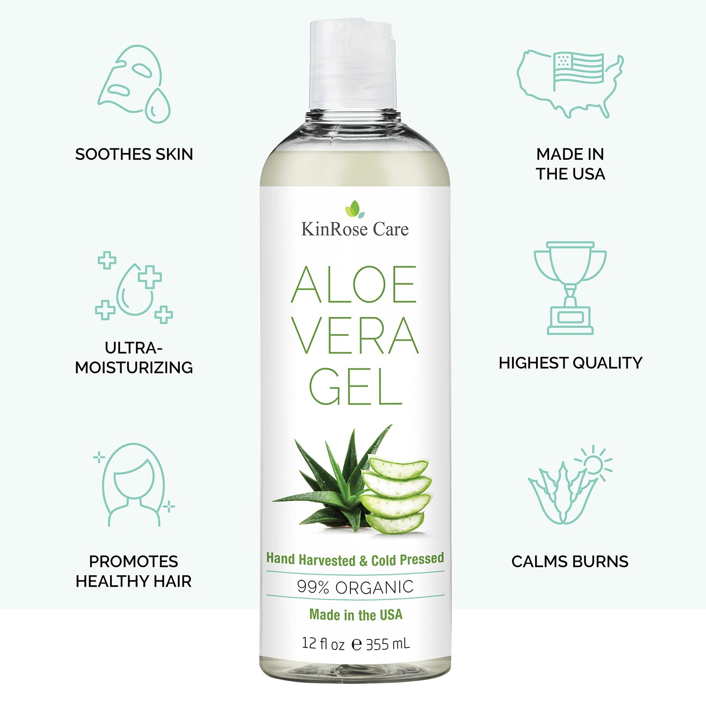 KinRose Care, 12oz Organic Aloe Vera Gel for Face, Skin, Hair & Sunburn Relief - From 100 Percent Pure Aloe Vera