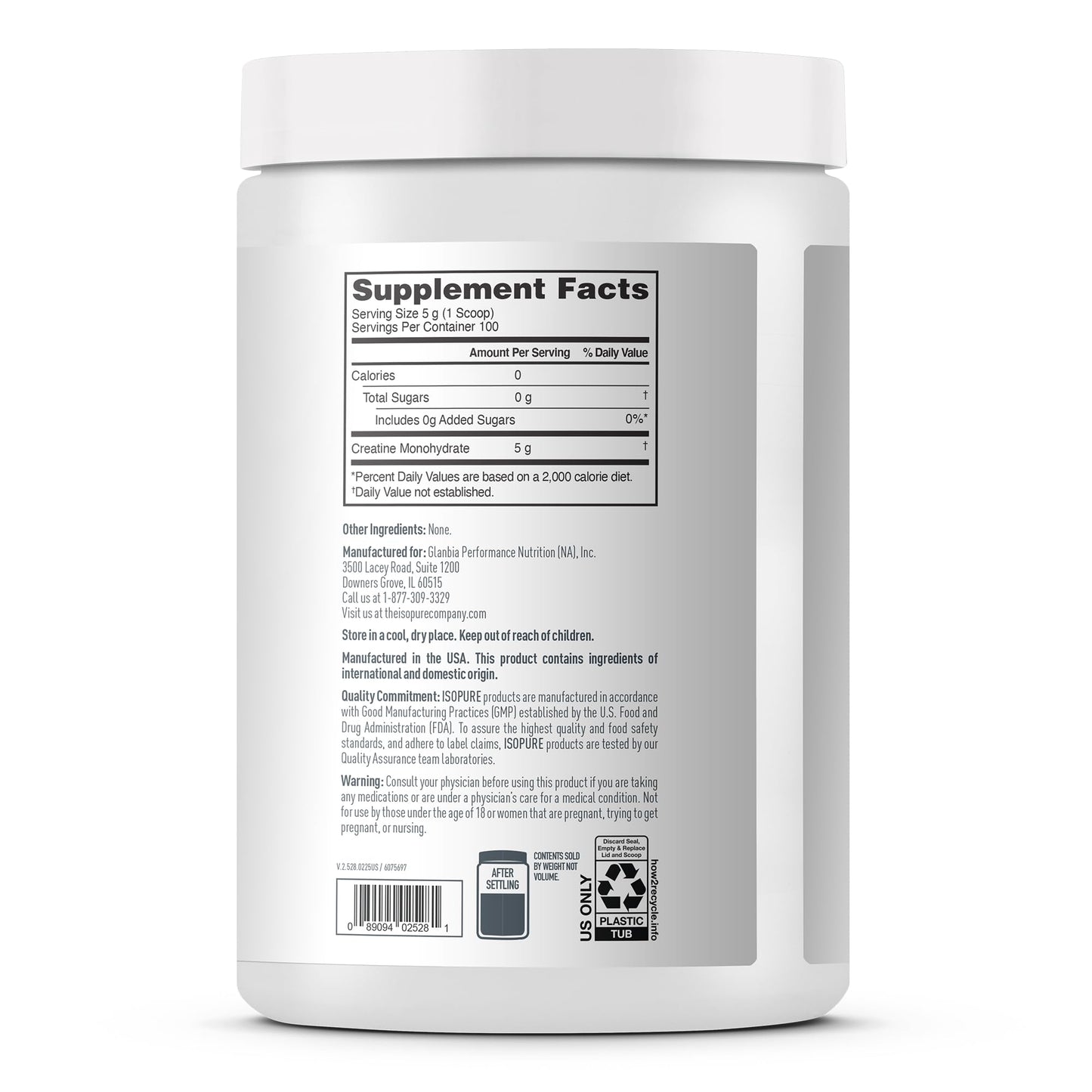 Isopure 100% Pure Creatine Monohydrate Powder, Sugar Free, Unflavored, 5g Creatine Monohydrate Per Serving, 1.1 Lbs,