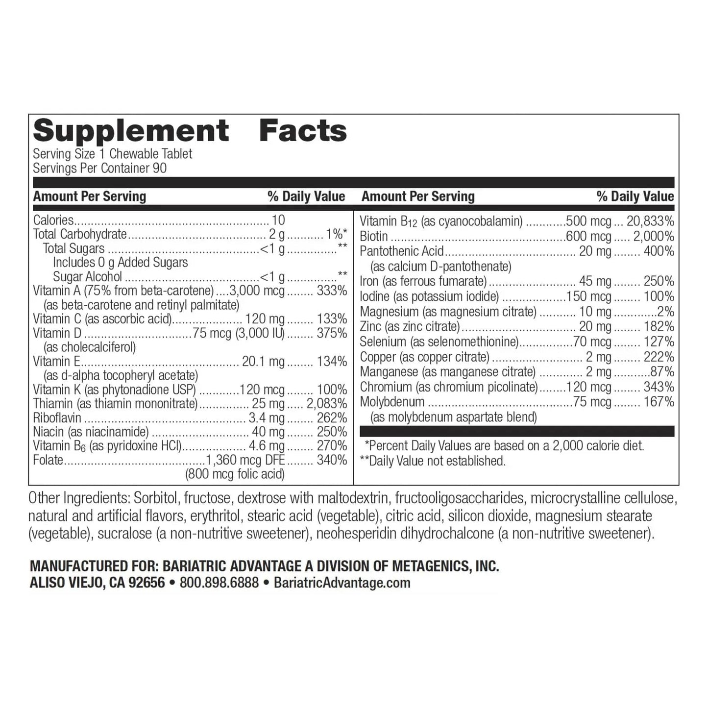 Bariatric Advantage Chewable Ultra Solo with Iron - Once-Per-Day Daily Multivitamin - for Bariatric Surgery Patients - Thiamin, Vitamin A & More Bariatric Advantage