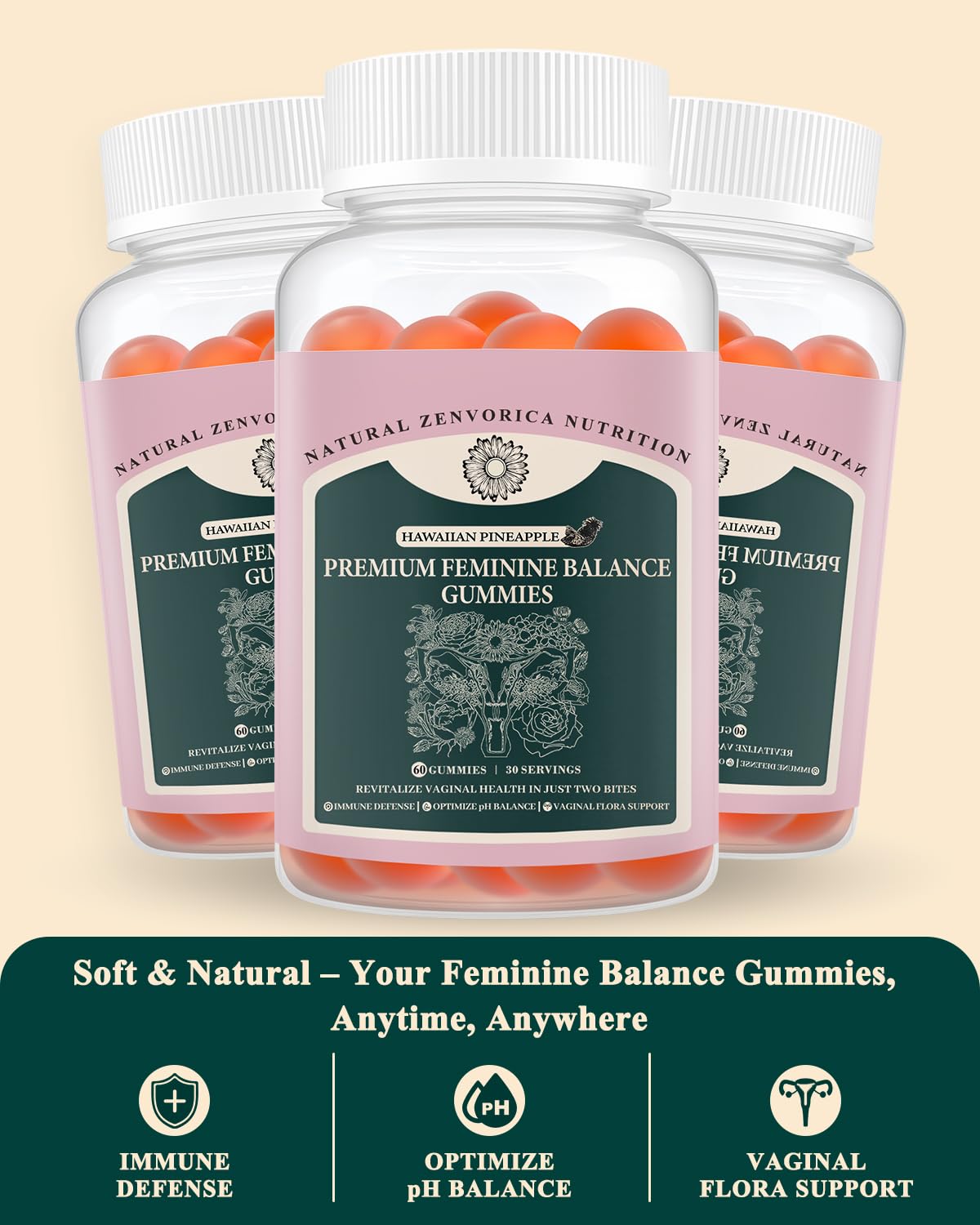 Zenvorica Premium Feminine Balance Gummies for Women - Hawaiian Pineapple pH Balance Probiotic Gummies for Odor and Flora Wellness, Immune Support, Vegan, 60 Count ZenvoricaBuy Supplements Australia
