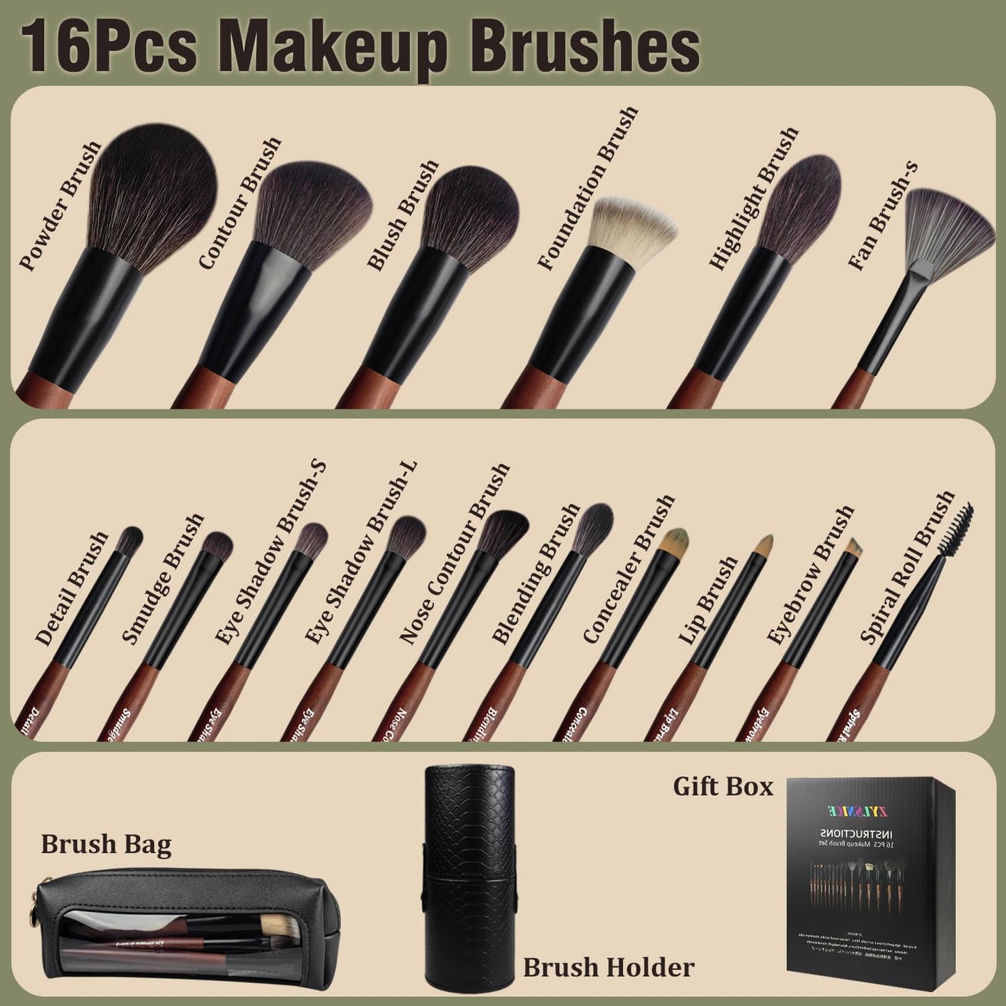 Makeup Brushes 16 Pcs Makeup Brush Set Professional, Wood Handle Travel Make Up Brushes Set with Case, Premium Cruelty-Free Synthetic Fiber Hair Makeup Brush Kit with Holder ZylsniceBuy Supplements Australia