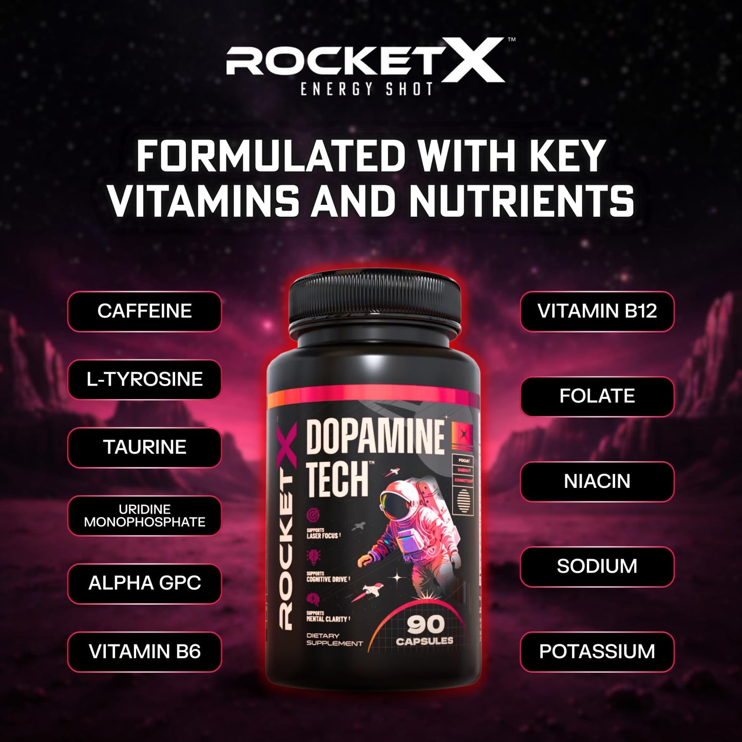 RocketX Dopamine Tech Brain Food Supplement, with L-Tyrosine and B Vitamins for Focus, Mental Clarity and Cognitive Drive, Vegan Capsules, 90 Capsules RocketX EnergyBuy Supplements Australia
