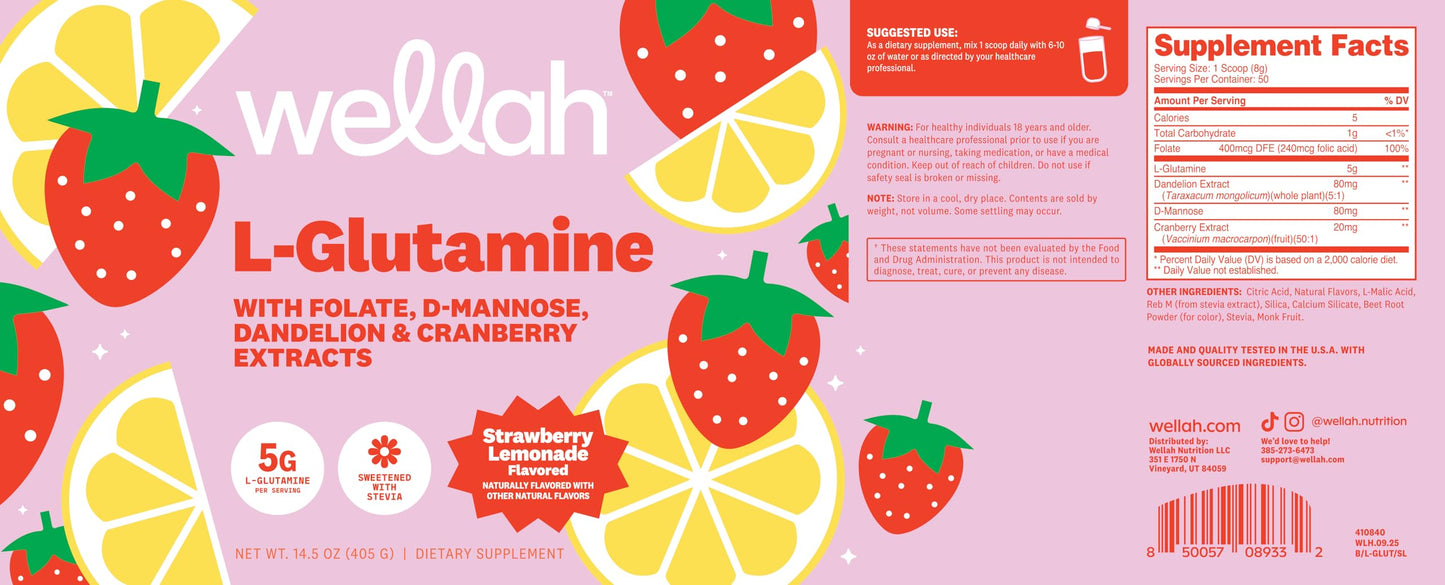 Wellah L-Glutamine Strawberry Lemonade Flavored (50 Servings) - 5g L-Glutamine Per Serving, Sweetened with Stevia