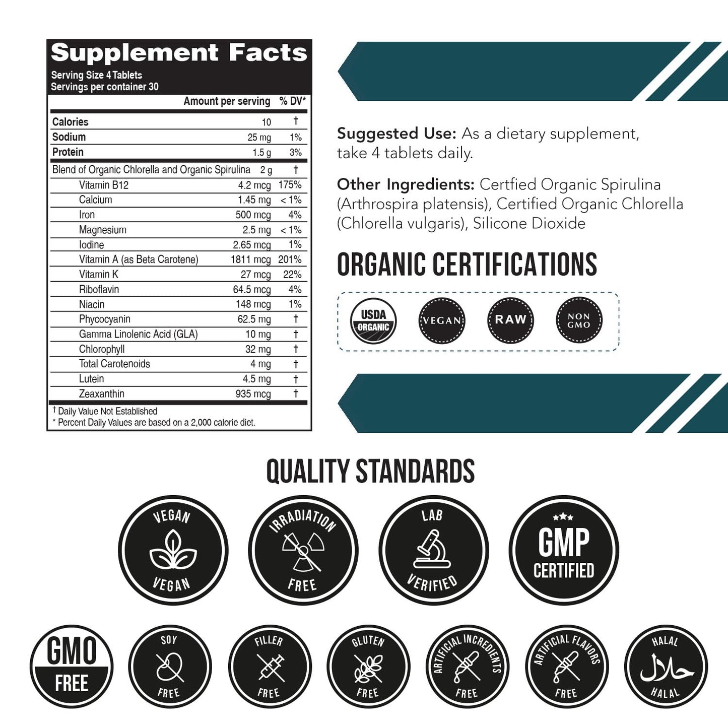 Organic Spirulina & Chlorella Tablets – 4 Organic Certifications, Raw, Non-Irradiated – 50/50 Blue Green Algae Blend – Antioxidant Content Equal to 5 Servings of Vegetables (120 Tablets) Triquetra HealthBuy Supplements Australia