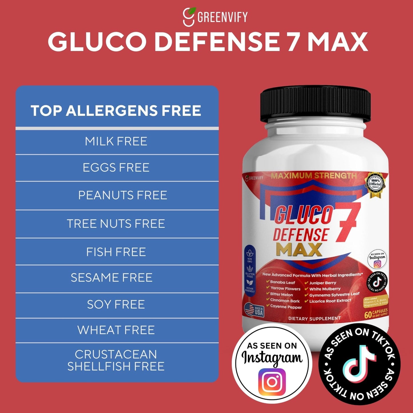 GREENVIFY Gluco Defense 7 Max, Maximum Strength Dietary Supplement, 60 Capsules, with Banaba Leaf, Juniper Berry, Yarrow Flowers (1) GREENVIFYBuy Supplements Australia