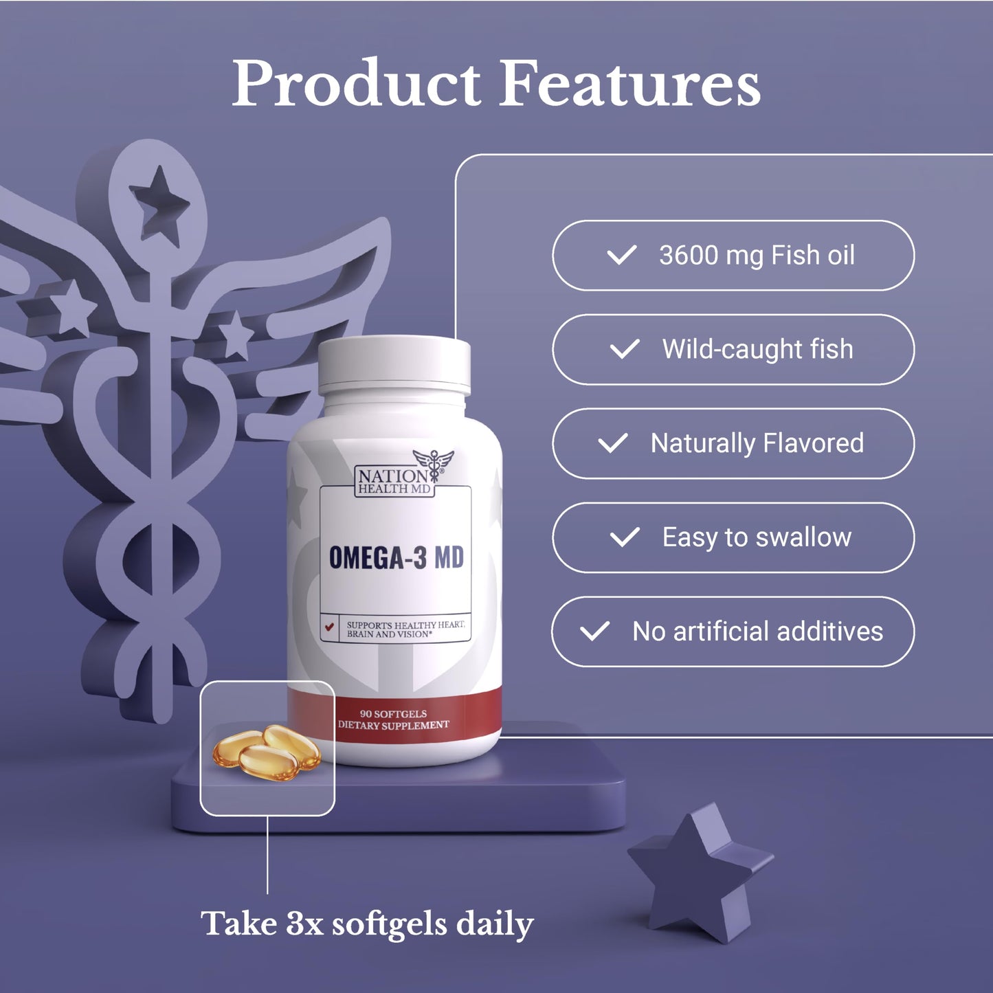 NATION HEALTH MD Omega-3 MD Fish Oil - Omega 3 Supplement for Women & Men - Wild-Caught & Burpless Fish Oil 3600 mg - with Omega3 Fatty Acid EPA 1300 mg + DHA 860 mg - 90 Softgels NATION HEALTH MD buy supplements Au
