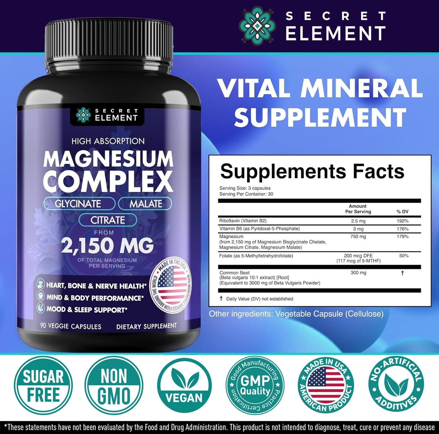Magnesium Complex 2,150MG, High Absorption Capsules with Magnesium Glycinate, Citrate & Malate, Plus Vitamin B6, B2, Folate & Beet Root, Vegan, Non-GMO, No Artificial Additives, 90 Capsules Secret Element buy supplements Au