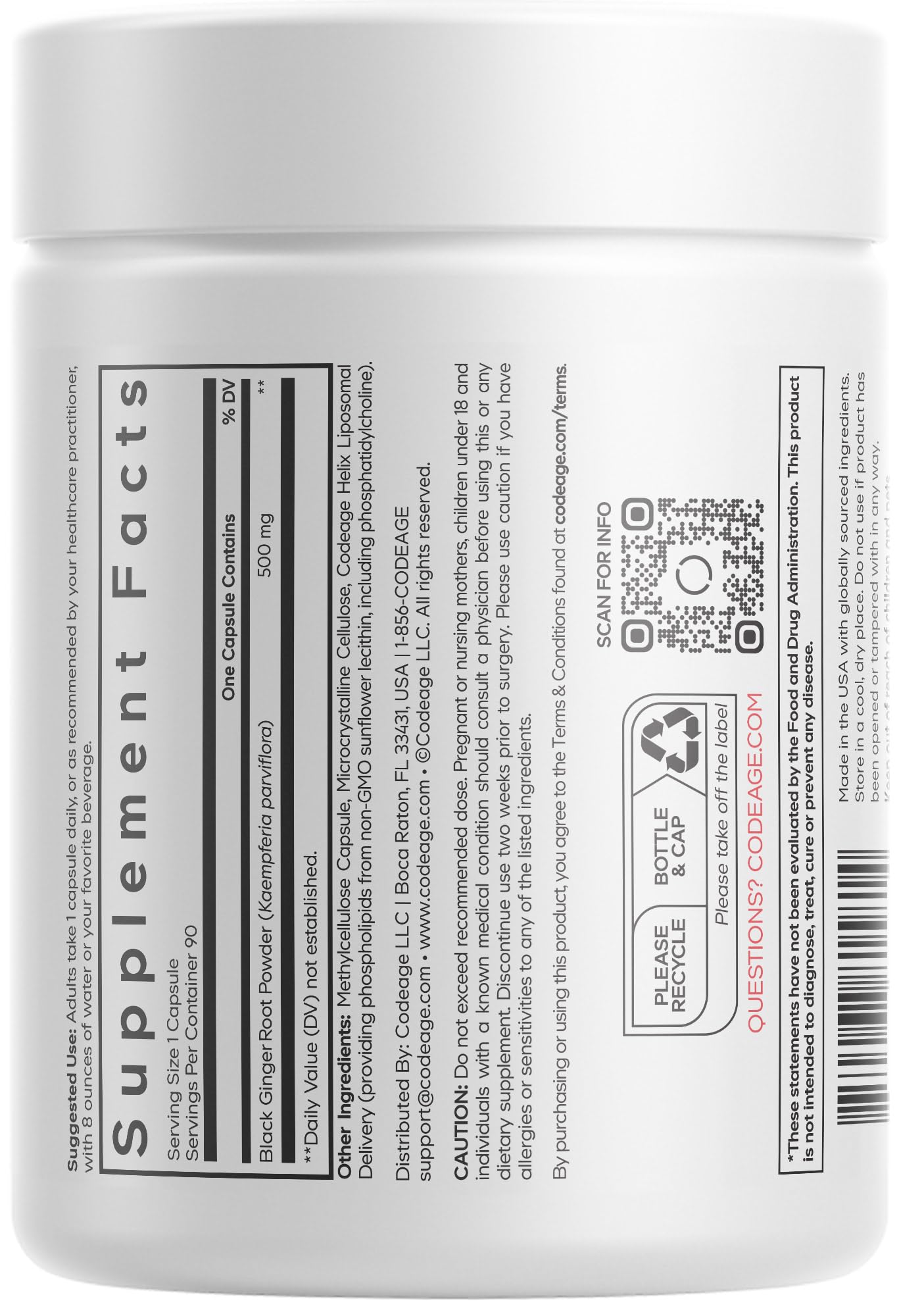 Codeage Liposomal Black Ginger Supplement - Kaempferia Parviflora Root Powder - 3-Month Supply - Ginger Root Pills and Herbal Root - Liposomal Delivery - 1 Capsule Per Serving - Non-GMO - 90 Capsules CodeageBuy Supplements Australia
