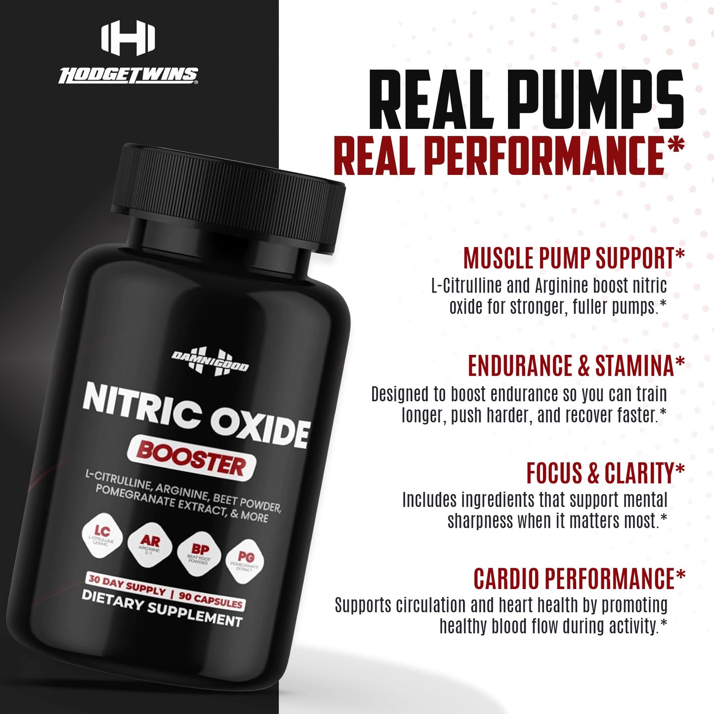 DAMN GOOD The Hodge Twins Nitric Oxide Booster – Beet Root Nitric Oxide & Arginine Citrulline Supplement, Pomegranate Blend for Workout Drive, Endurance Support & Pump Power - 90 Capsules DAMN GOODBuy Supplements Australia
