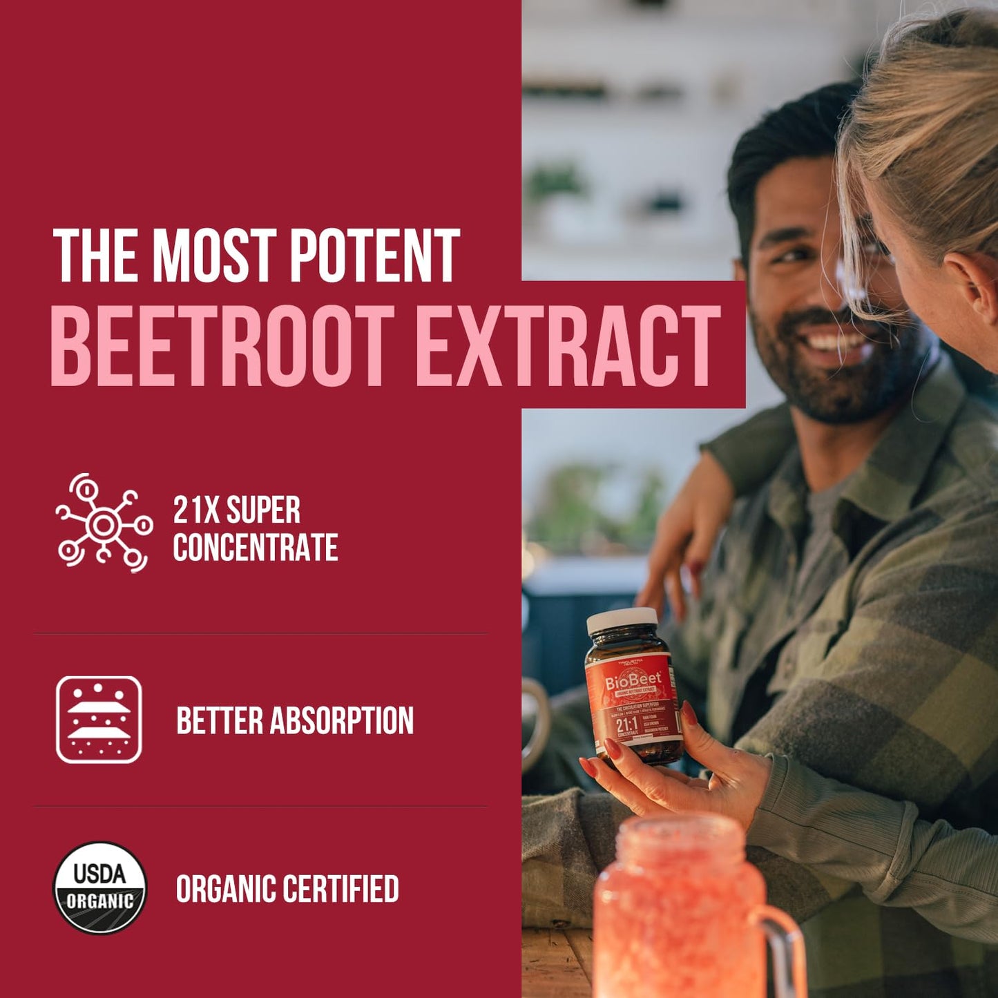 BioBeet® Max Strength Beet Root Capsules - 21:1 Concentrate, Each Serving Derived from 28,350 mg Organic Beetroot - Absorption Enhancement