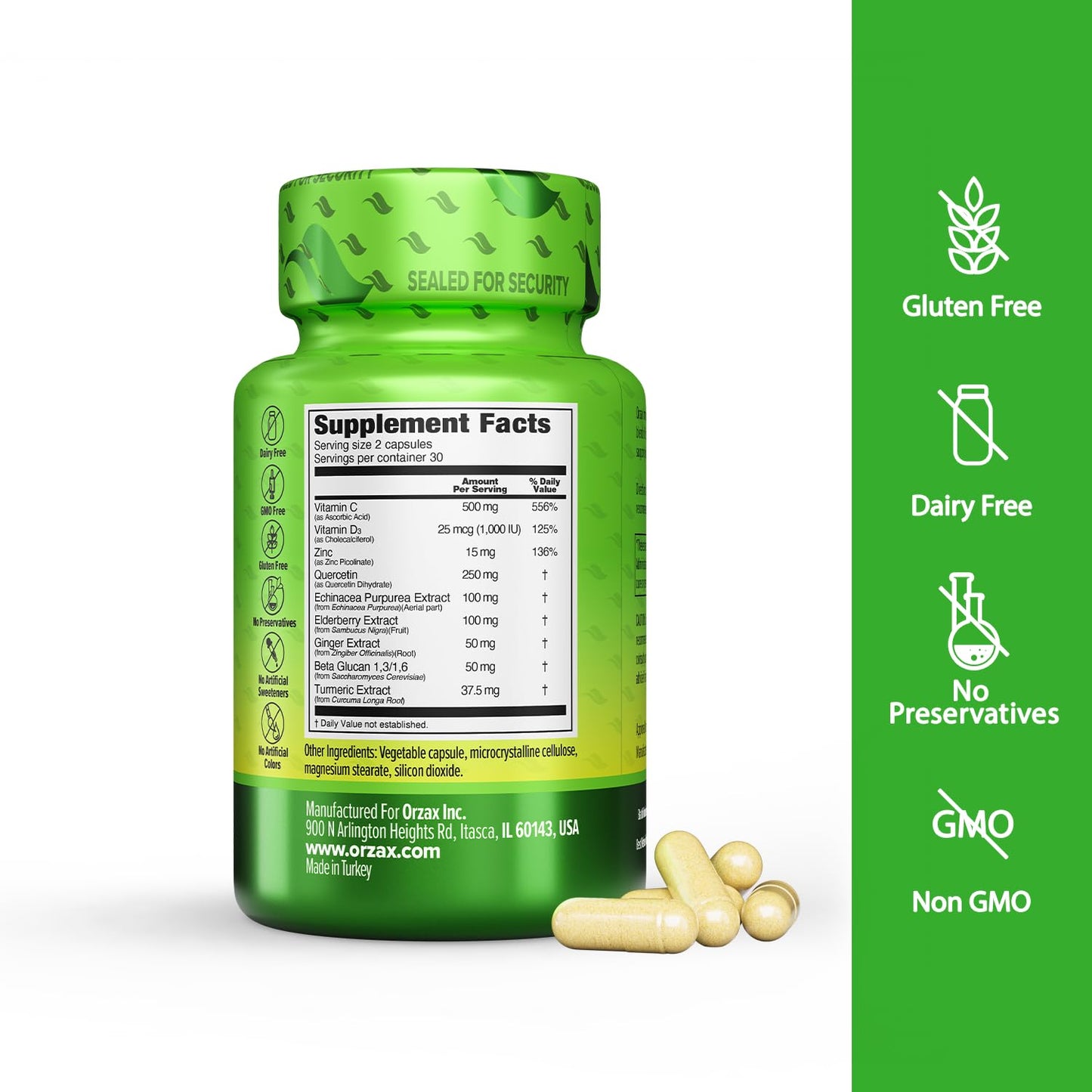 ORZAX 9 in 1 Immune Defense Booster Herbal Supplement, Specialized High Strength Formula - Vitamin C & D, Zinc, Quercetin, Turmeric & Ginger, Echinacea - Non-GMO - 60 Veggie Capsules - 30 Day Supply ORZAXBuy Supplements Australia