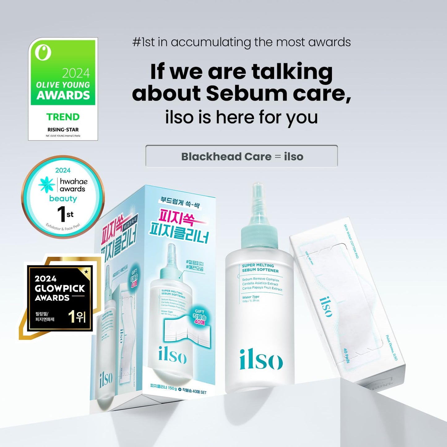 ilso Super Melting Sebum Softener, 5.29 fl oz, with 40 Skin Wrap Cotton Pads included, Pore Cleansing Solution, Blackhead Softener