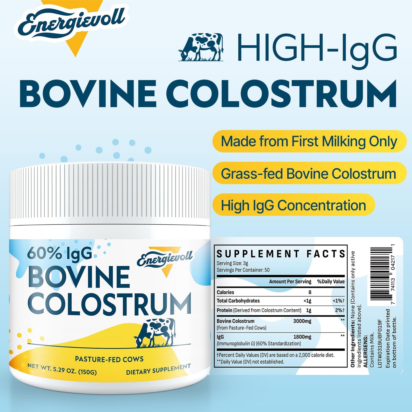 Energievoll Bovine Colostrum Supplement Powder - 60% IgG 3000 mg for Gut, Hair Growth, Beauty, and Immune, Easy to Mix, Unflavored (50 Servings) EnergievollBuy Supplements Australia