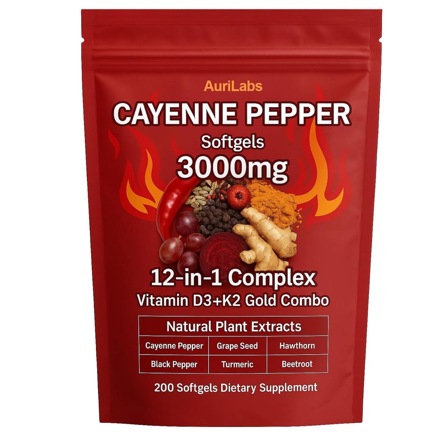 Red supplement package with Cayenne Pepper Softgels 3000mg and AuriLabs branding on a white background.