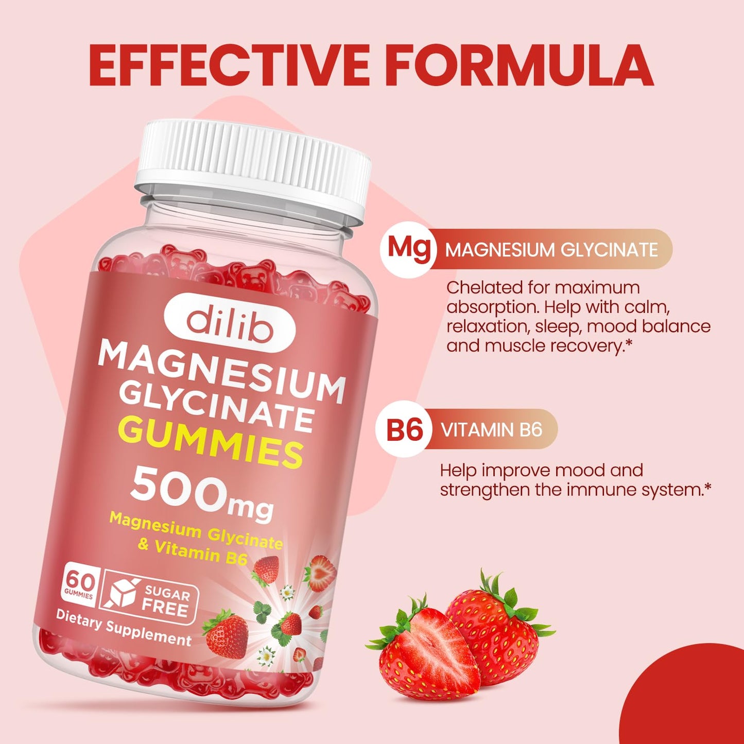 Magnesium Glycinate Gummies 500mg - Magnesium Supplement with Vitamin B6 for Adults & Magnesium for Kids - Calm Magnesium for Sleep, Mood, Muscle Support - Strawberry Flavor, 60 Gummies dilibBuy Supplements Australia
