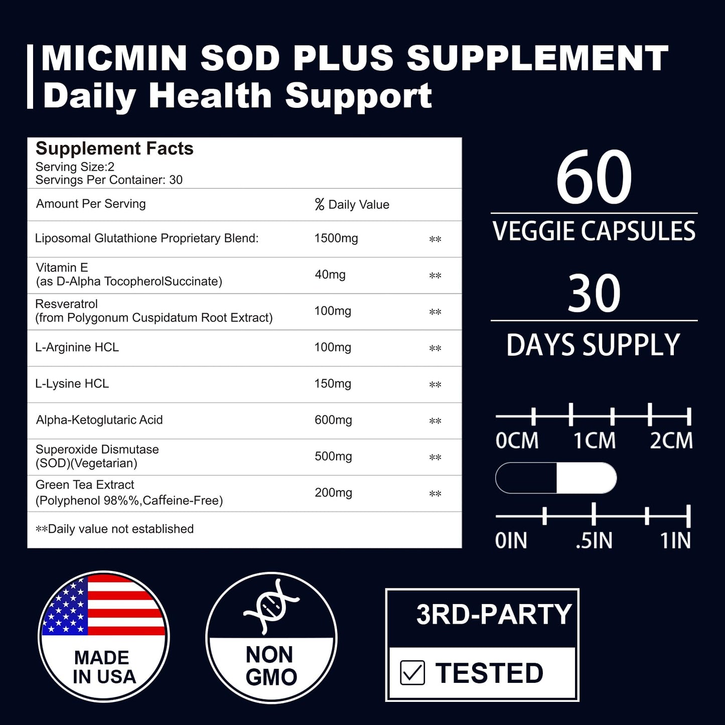 NICMIN 500MG Superoxide Dismutase Supplement - SOD Plus with Liposomal Glutathione, AKG, Green Tea Extract, L-Arginine, Lysine, Resveratrol and Vitamin E for Immune Support, Antioxidant 120 Capsules NICMINBuy Supplements Australia