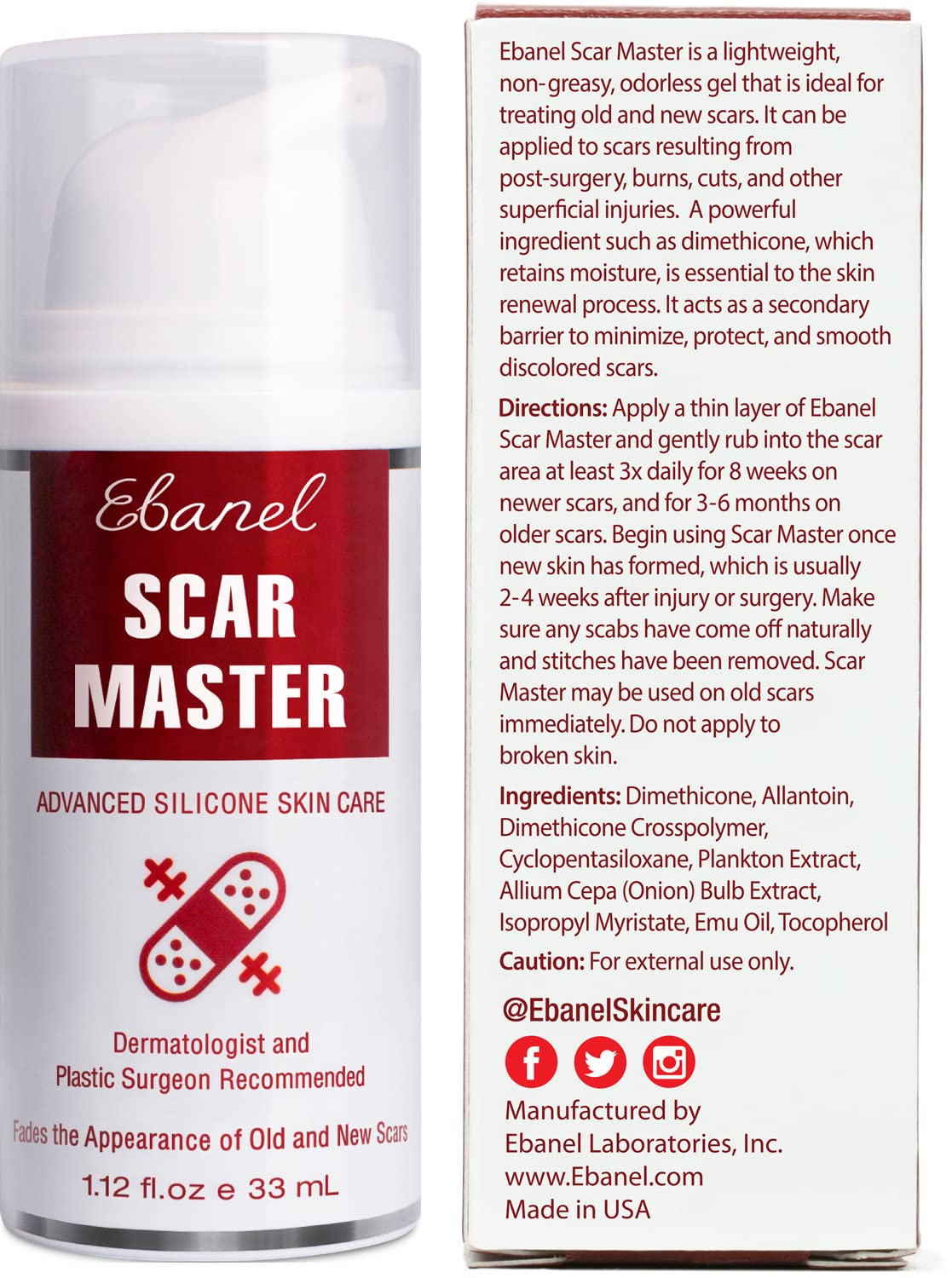 Ebanel Silicone Scar Gel with Allantoin, Emu Oil, Vitamin E and Onion Extract, For Old & New Scars from Surgeries, C-Section, Injuries, Burns & More