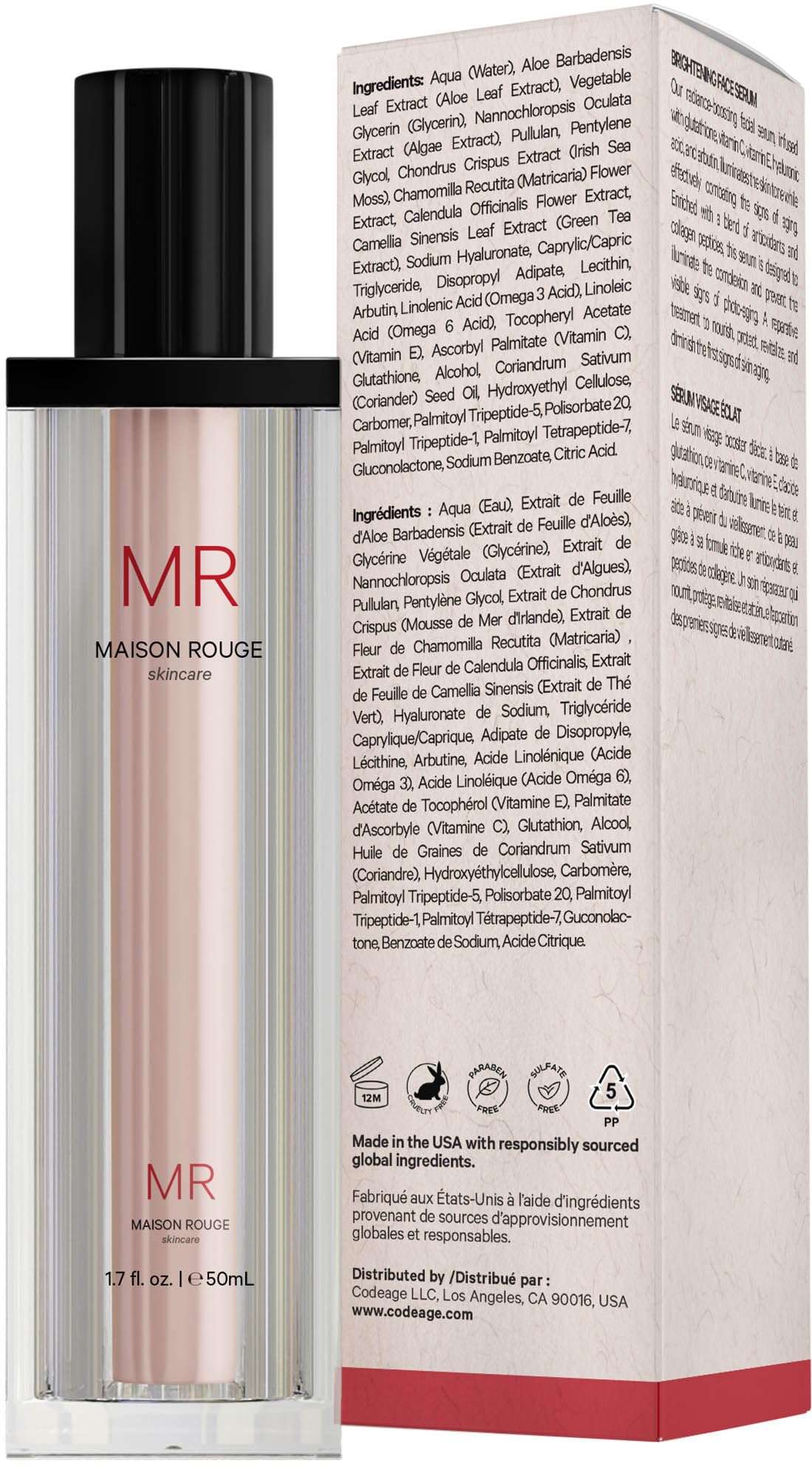 Maison Rouge Brightening Face Serum by Codeage - Glutathione Serum, Vitamin C, E, Hyaluronic Acid, Collagen - Radiance Enhancing - Parabens and Sulfates-Free - Refillable - All Skin Types - 1.7 fl oz CodeageBuy Supplements Australia