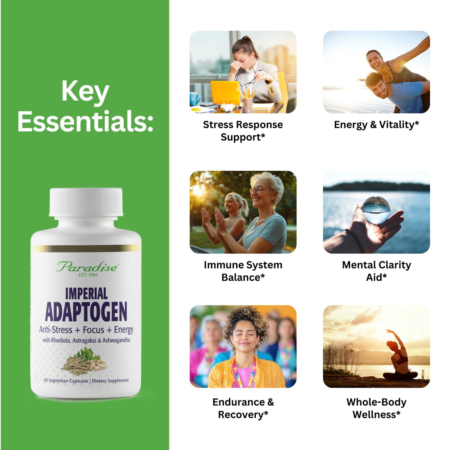 Paradise Herbs, Imperial Adaptogens, with Ashwagandha, Astragalus, Rhodiola, Proprietary Adaptogen Blend for Stress Support, Focus & Energy, 60 Vegetarian Capsules Paradise HerbsBuy Supplements Australia