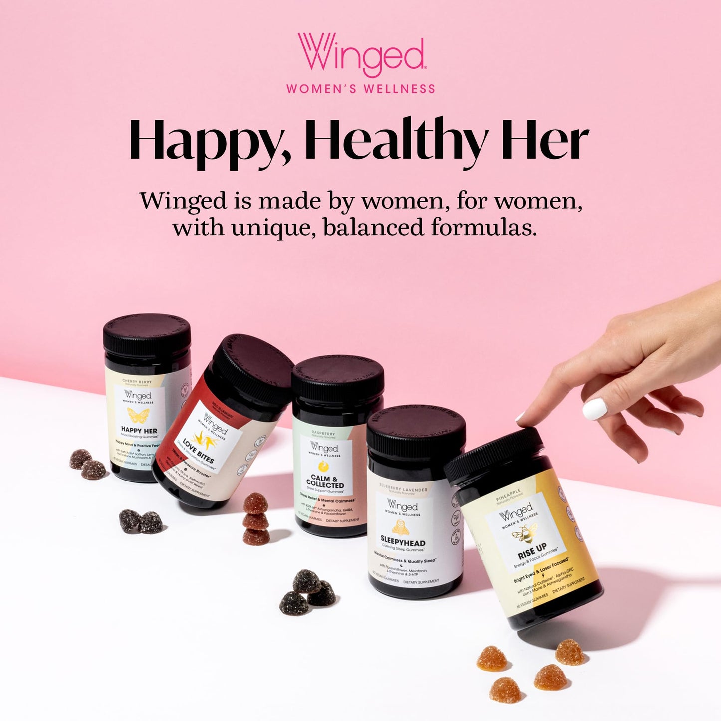 Winged Wellness Happy Her Mood Gummies - Daily Mood Enhancer Support Supplement for Women - Vitamin D with Saffron, Lemon Balm, & Lions Mane Mushrooms for Balance & Calming Relief - 50 Vegan Gummies Winged buy supplements Au