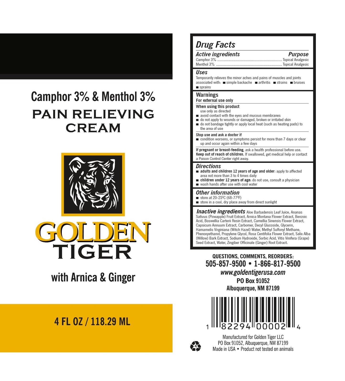 Golden Tiger Pain Relief Cream - 4 oz Tube Golden TigerBuy Supplements Australia