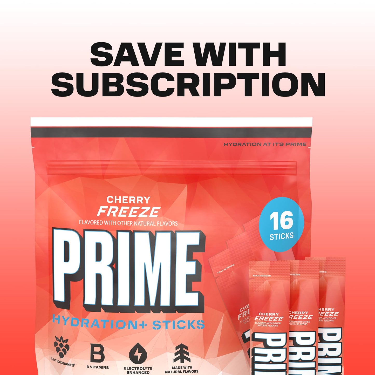 PRIME HYDRATION+ Electrolyte Powder Sticks, Cherry Freeze, Sugar Free Hydration Drink Mix with Potassium, Magnesium & B Vitamins