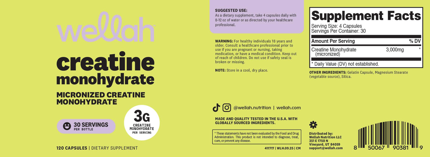 Wellah Creatine Monohydrate Capsules (3000 mg) 120 Capsules - Micronized Creatine, 30 Servings