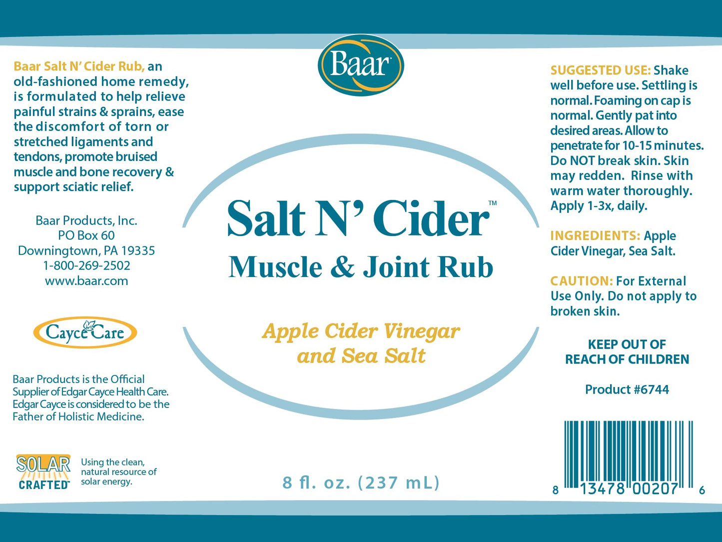 Baar Salt N' Cider Rub - Aids Bruised Ligaments & Tendons, Strains, Sprains & Bone Recovery, 8 fl. oz. BaarBuy Supplements Australia