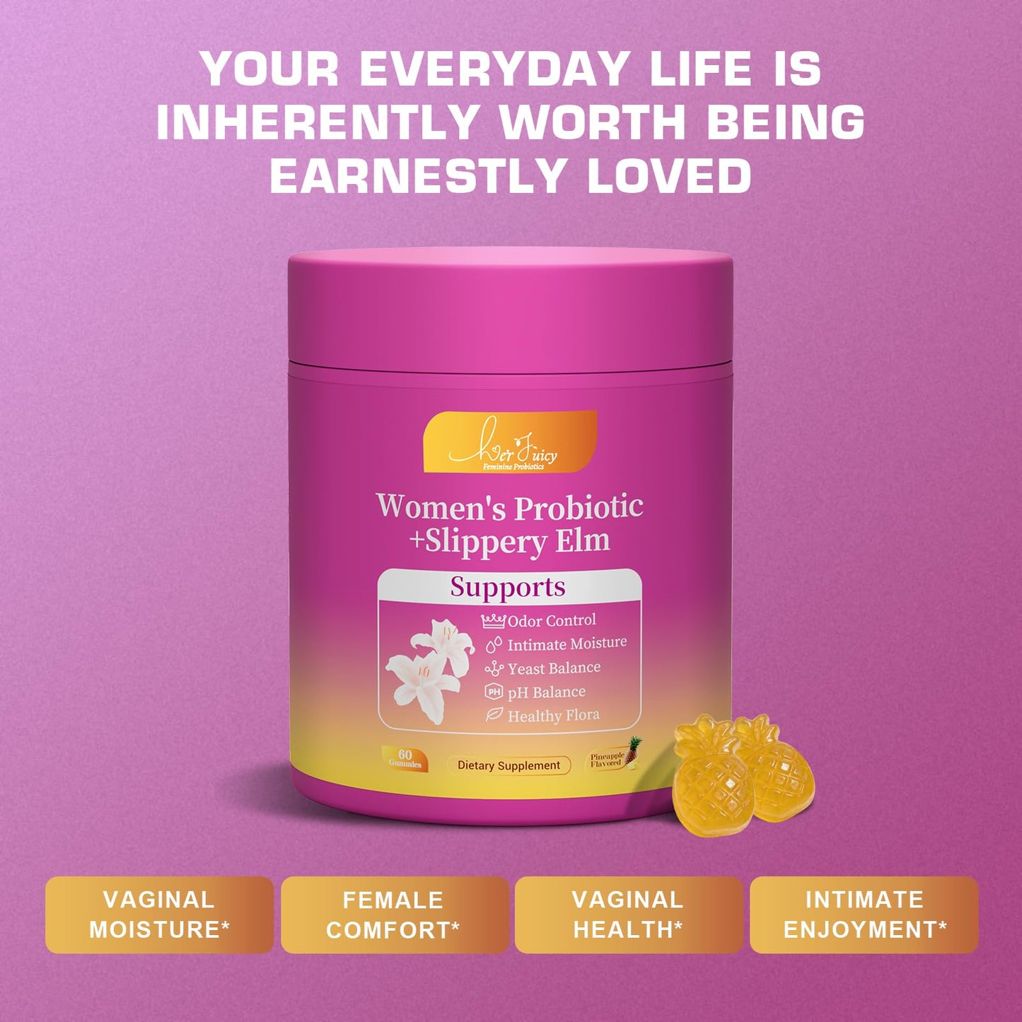 Brurtzexs Her Juicy Feminine Probiotics Gummies for Women with Slippery Elm - Pineapple Flavor, pH Balance & Immune Health Support - Digestive & Feminine Support - Vegan Supplement, 60 C Brurtzexs buy supplements Au