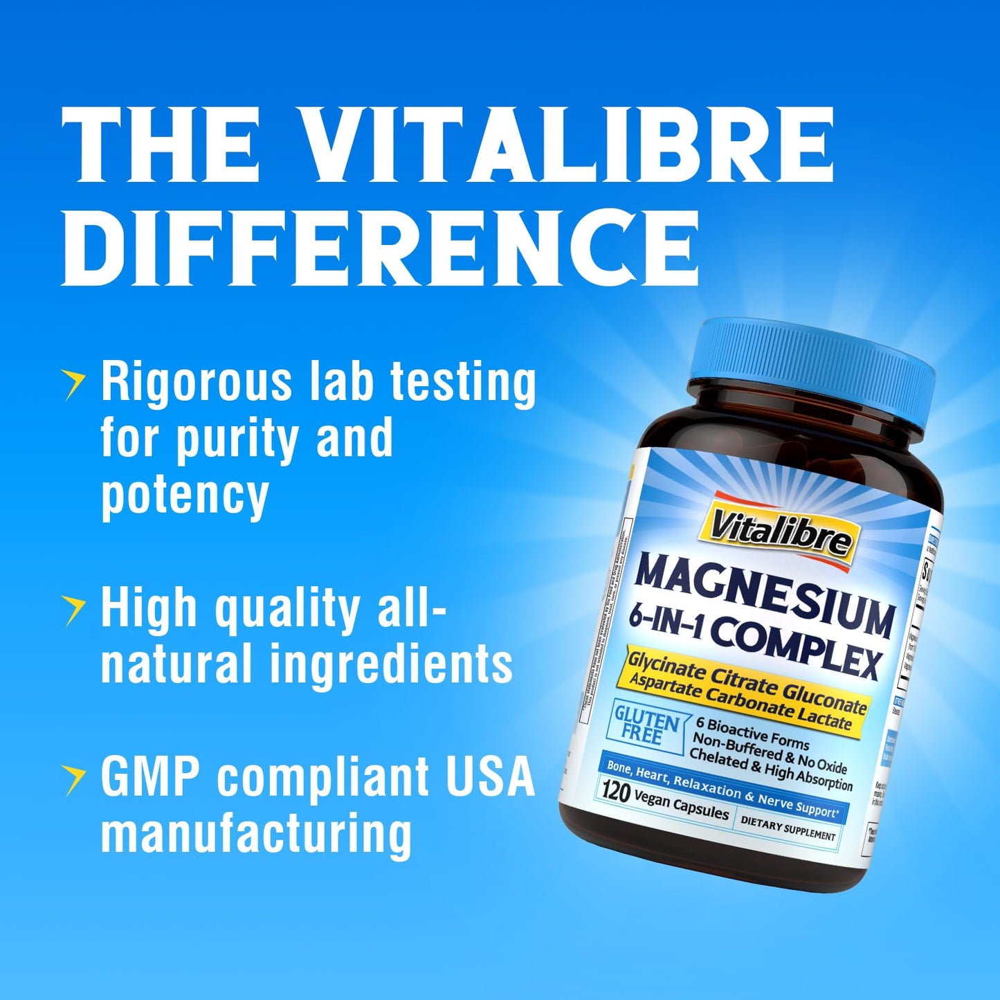 Vitalibre 6 in 1 Magnesium Complex for Women Men, 260mg Elemental Magnesium | Max Absorption | Chelated Magnesium Supplement for Bone, Relaxation & Nerves Support | Non-GMO, 120 Vegan Capsules Vitalibre buy supplements Au
