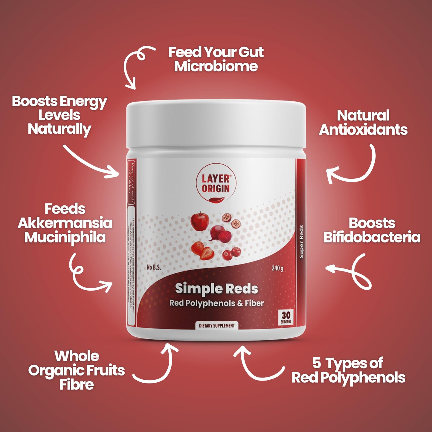 Layer Origin Simple Reds - Organic Red Polyphenols Whole Fruit Powder | Five Real Whole Fruits | 30 Servings Layer OriginBuy Supplements Australia