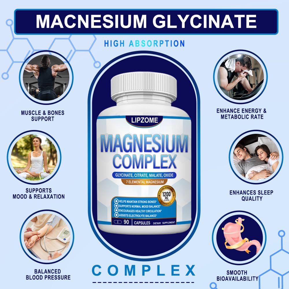 Magnesium Complex Supplement 1200mg - Advanced 7-in-1 Magnesium Blend - Glycinate, Citrate, Malate, Taurate, Oxide, Aspartate, Orotate – High Absorption Formula – Non-GMO, 90 Capsules Lipzome buy supplements Au