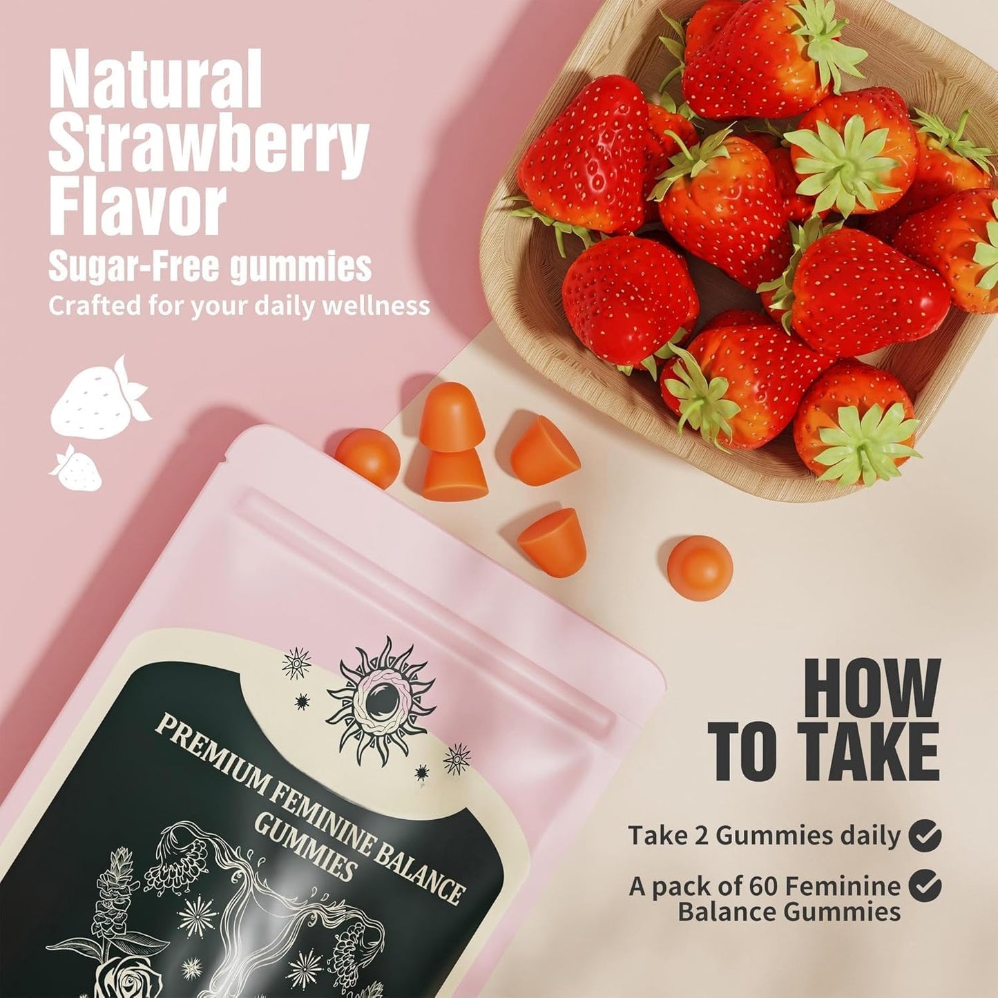 NIUSISE Feminine Balance Gummies, Premium Balance Supplement for Women PH Health, Immune Support, Energy Support, Vegan, Gluten-Free, Strawberry Flavor,