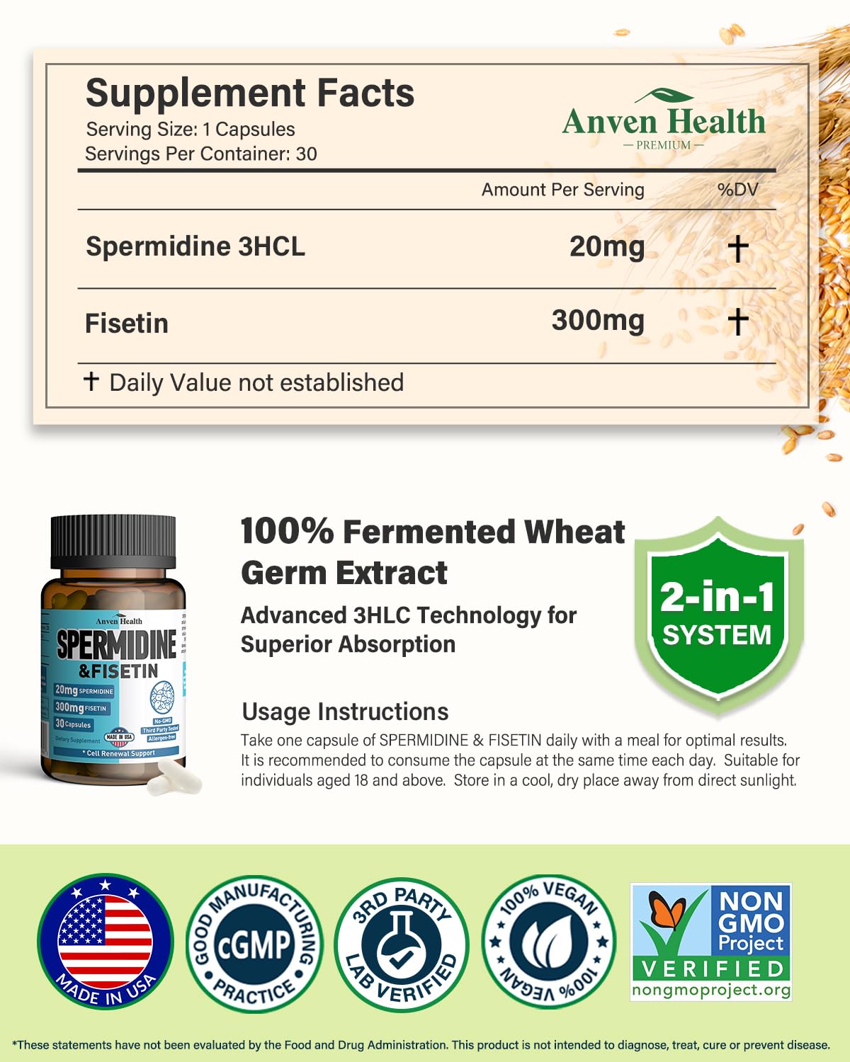 Spermidine & Fisetin Supplement - 20mg of 99% Spermidine Per Serving, 3HCL & 300mg Fisetin for Women Men Cell Renewal, Aging Defense & Longevity, Gluten Free, Non-GMO, Made in USA | 30 Veggie Caps Anven HealthBuy Supplements Australia