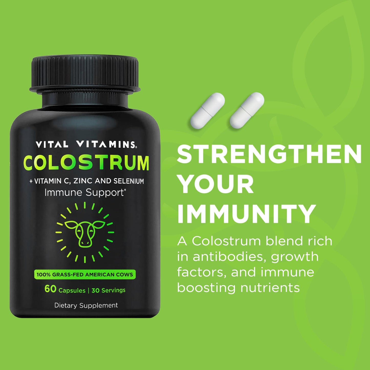 Vital Vitamins Colostrum Supplement - Vitamin C, Zinc, & Selenium - from First Milking - Standardized to Contain 10% IgG Immunoglobulins - Grass-Fed American Cows - 60 Capsules Vital VitaminsBuy Supplements Australia