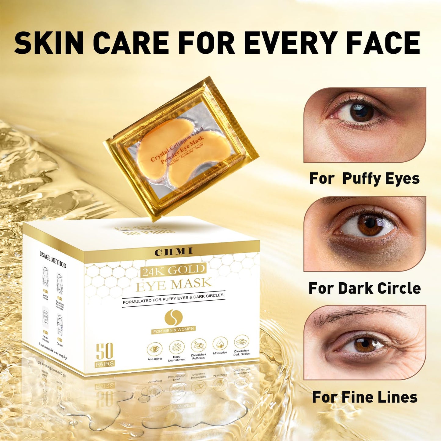 CHMI Under Eye Patches (50 Pairs) - 24K Gold Eye Patches for Puffy Eyes, Dark Circles, EyeBags and Wrinkles