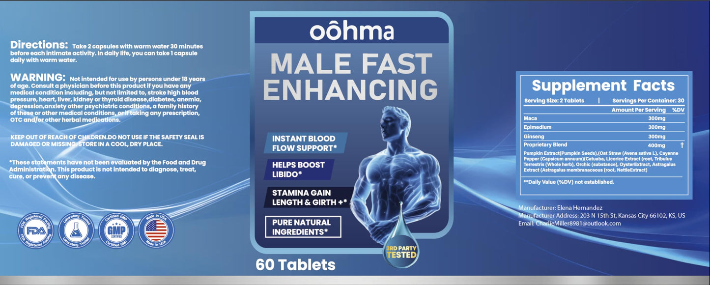 Oohma New Male Enhancing Supplement, Designed to be Fast Acting for Blood Flow to Gain Length & Girth + Stamina, Maca, Epimedium, and Other Natural Ingredients, 3rd Party Tested Supplement 60 Tablets Oohma buy supplements Au