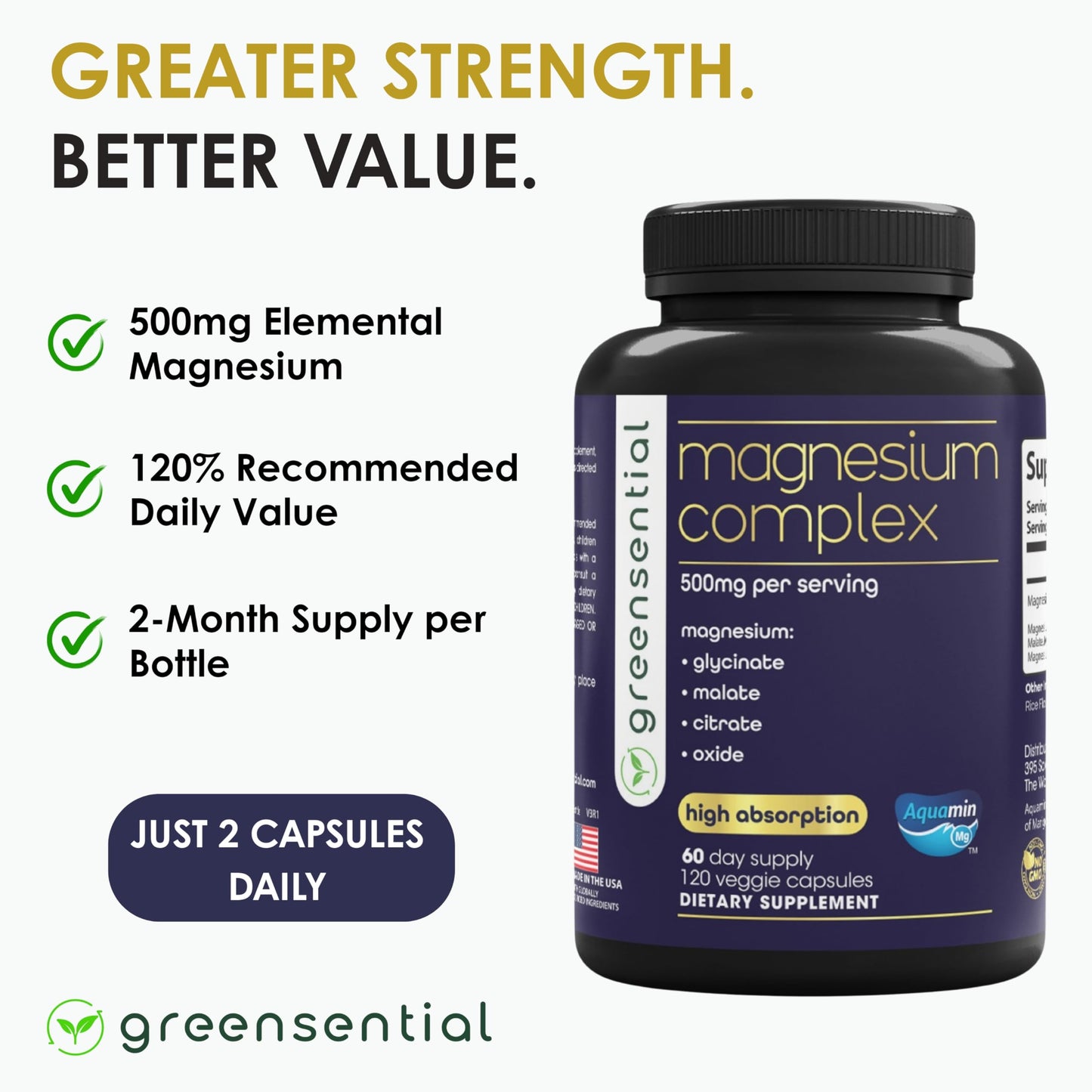 Greensential 5-in-1 Magnesium Complex 500mg | Glycinate, Malate, Citrate, Oxide & Aquamin® | for Sleep, Muscle & Heart Support | High Absorption, Vegan, 120 Capsules Greensential buy supplements Au