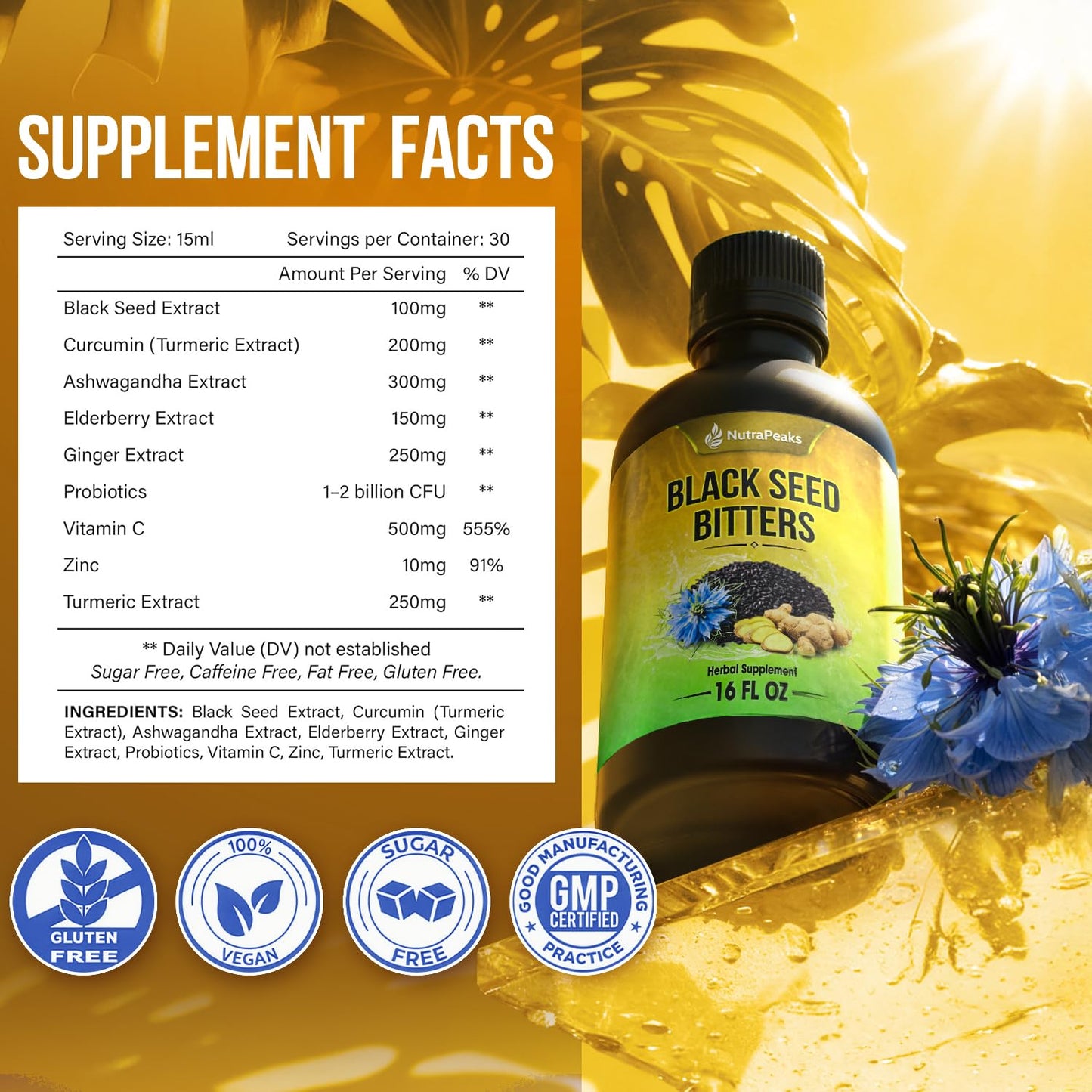 Black Seed Oil Bitters Liquid - Premium Herbal Blend with Black Seed Extract, Curcumin (Turmeric Extract), Ashwagandha, Elderberry, Probiotics, Vitamin C, Zinc...16 fl oz | Natural Botanical Blend NutraPeaksBuy Supplements Australia