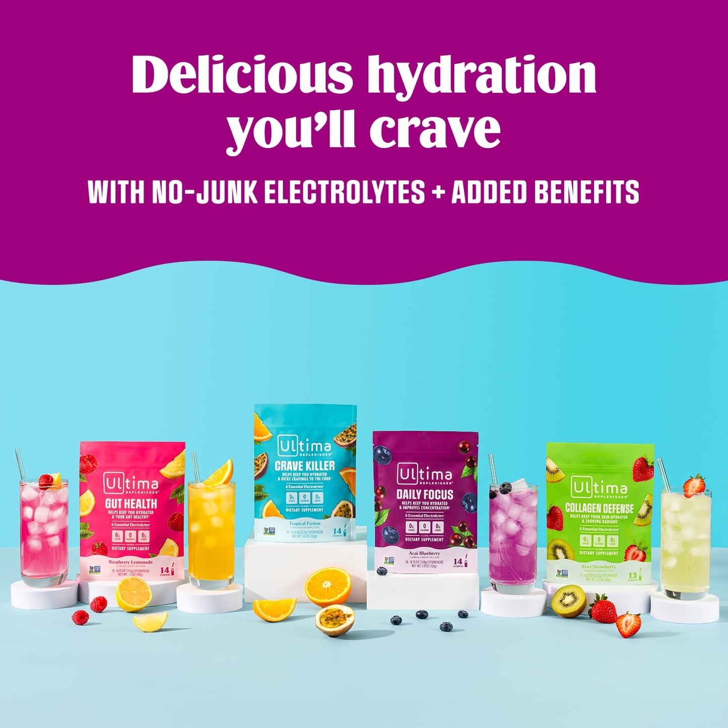 Ultima Replenisher Crave Killer Supplement and Electrolytes Powder – Tropical Fusion, 14 Stickpacks – Hydration Packets that Kick Cravings to The Curb