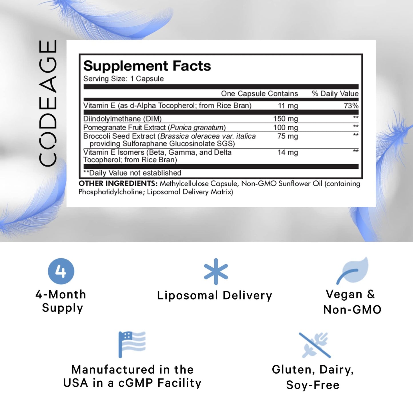 Codeage Liposomal DIM Supplement - 4 Months Supply of DIM Vitamins and SGS, Pomegranate, Broccoli, Vitamin E Isomers Tocopherols Alpha Beta Gamma Delta - Liposomal Formula - Gluten-Free - 120 Capsules CodeageBuy Supplements Australia