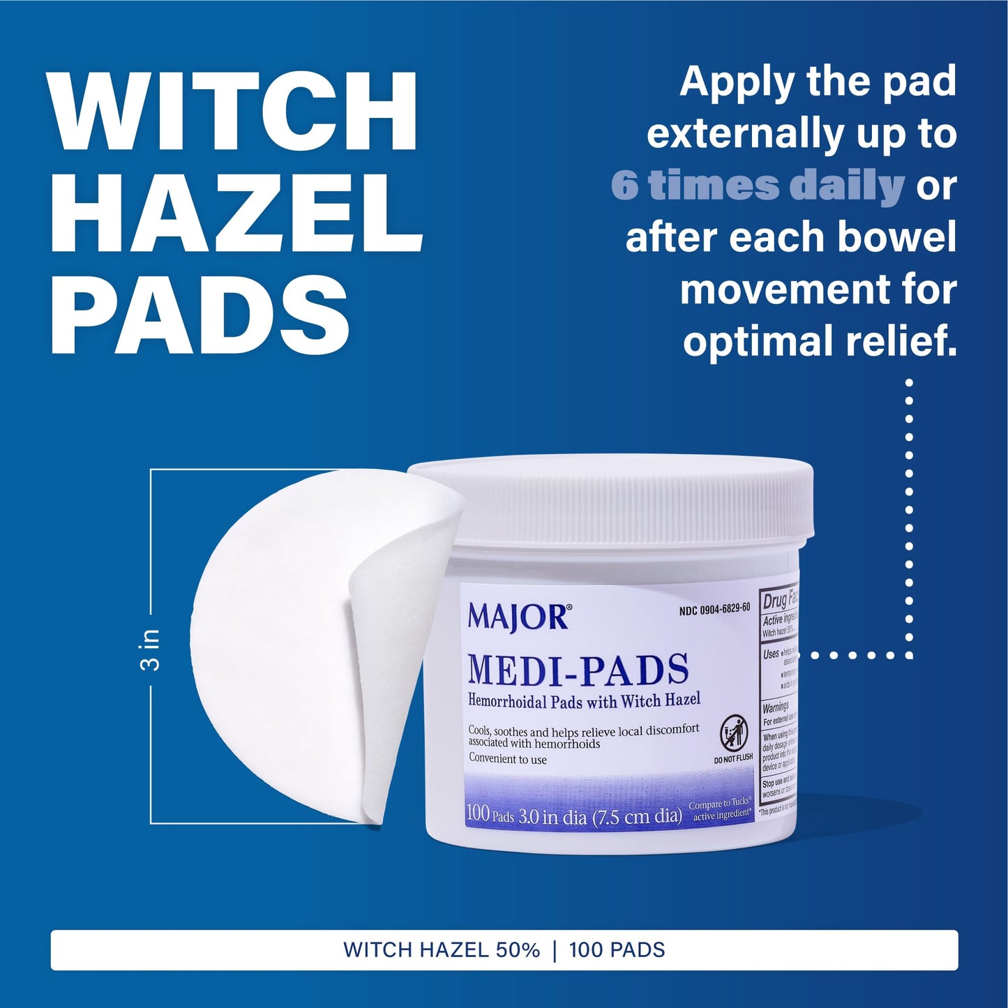MAJOR Medi-Pads - Hemorrhoidal Hygienic Cleansing Witch Hazel Pads - Cooling Relief with Aloe - 100 Count Jar (2 Pack) MAJORBuy Supplements Australia