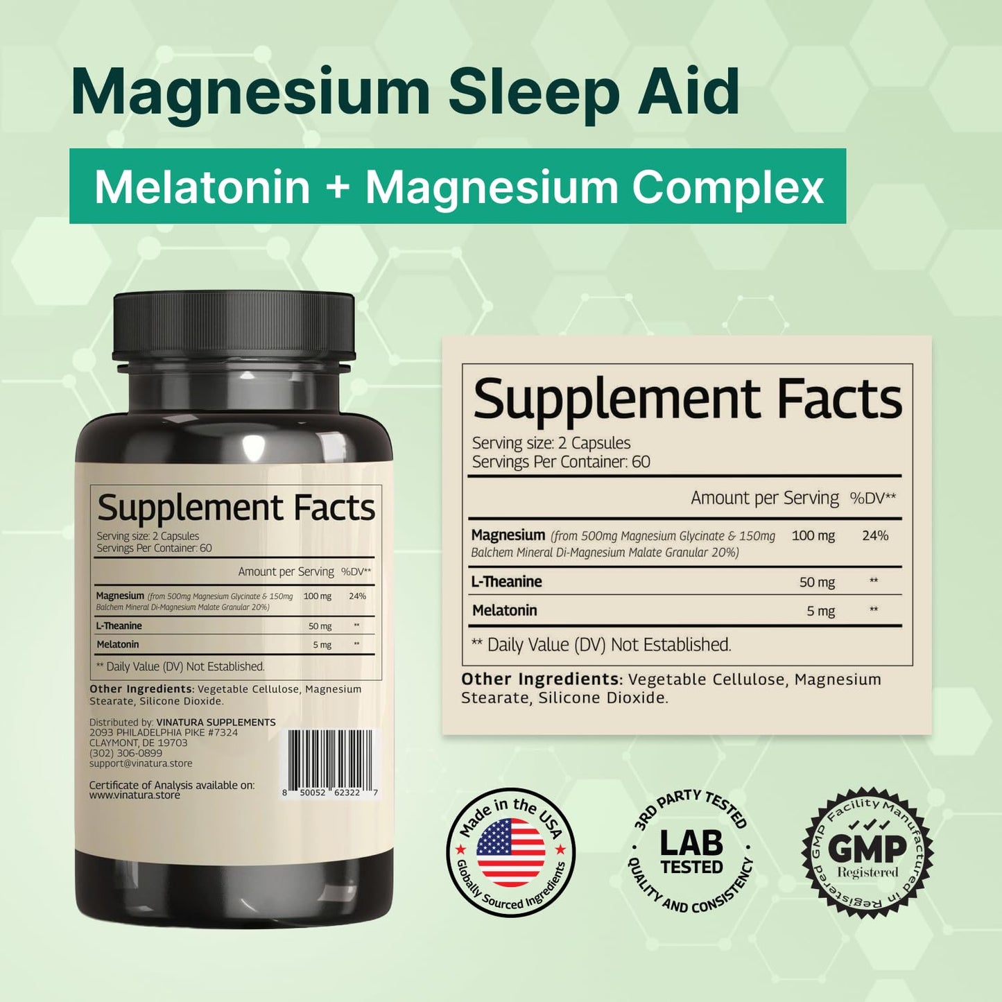 Magnesium Sleep Aid - Magnesium Glycinate Complex for Sleep with Melatonin Supplement - Glycinate 500mg, L-Theanine - 120 Capsules VINATURABuy Supplements Australia