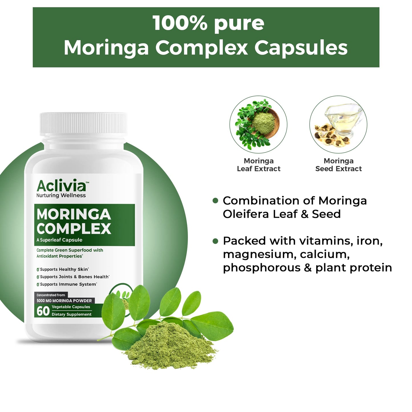 Aclivia - Moringa Complex - Maximum Strength Moringa Oleifera Leaf & Seed Supplement - Superfood Capsules with Antioxidant Properties - 5000mg - 60 Capsules AcliviaBuy Supplements Australia
