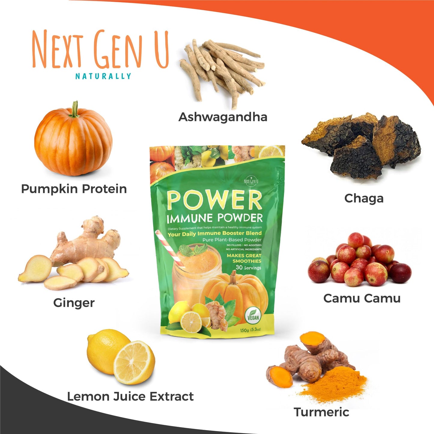 Immune Support - Supplement Powder 150g - Superfood Booster for Adults - Natural Immunity Defense - Daily Drink Mix for Women & Men - Plant Based, Vegan & Gluten Free Smoothie Boost by NextGenU NGU Next Gen UBuy Supplements Australia