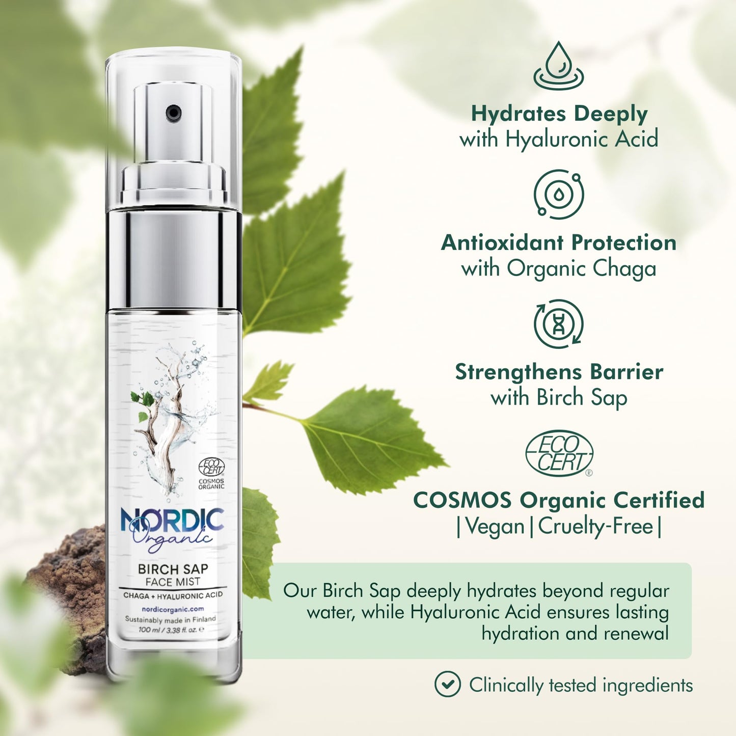 Nordic Organic Birch Sap Face Mist – COSMOS Certified Organic Formula with Hyaluronic Acid & Chaga Mushroom, Fragrance Free, Made in Finland 3.38 oz (100 ml), 1 Bottle Nordic OrganicBuy Supplements Australia