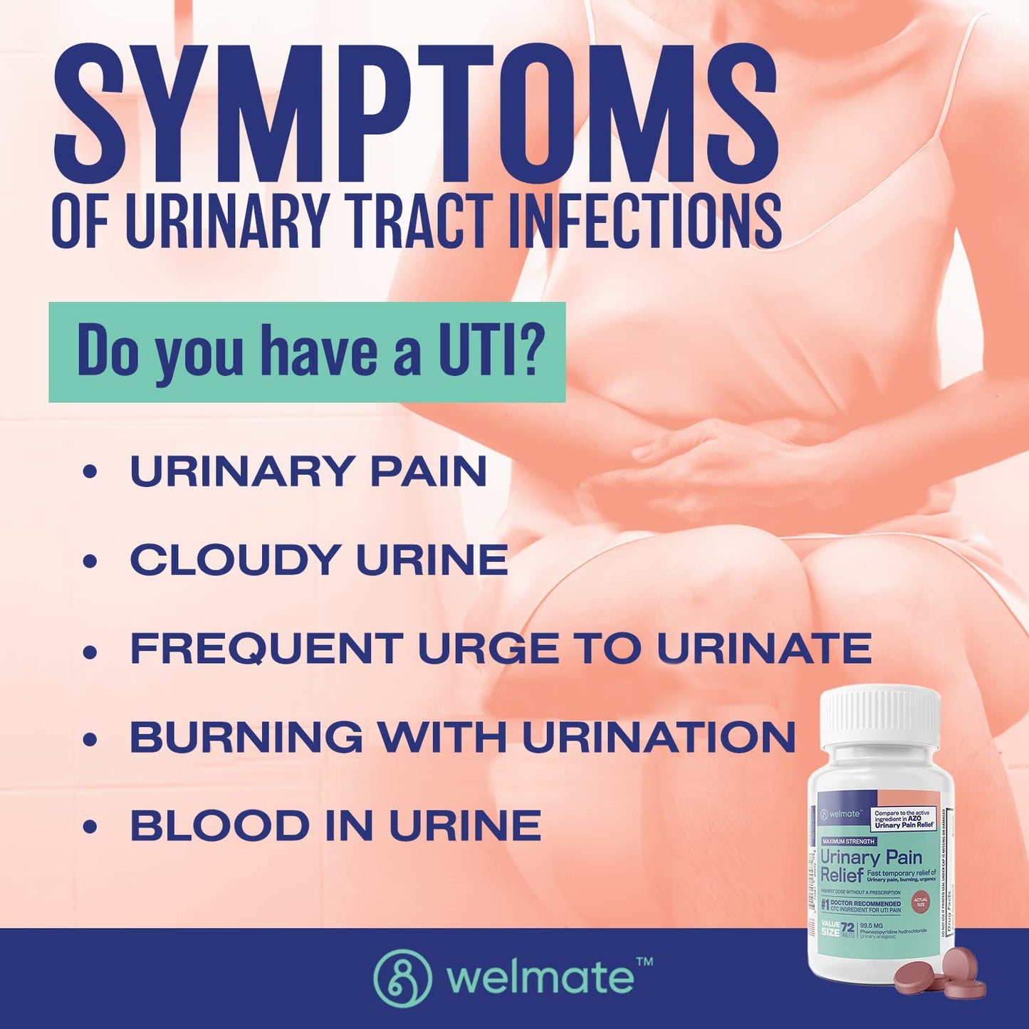 WELMATE Urinary Pain UTI Relief Maximum Strength (Phenazopyridine HCL) - Improve Urinary Tract Health & Bladder Control, Urgency, & Discomfort | Over-The-Counter Medication for Men & Women (72 Pills) WELMATEBuy Supplements Australia